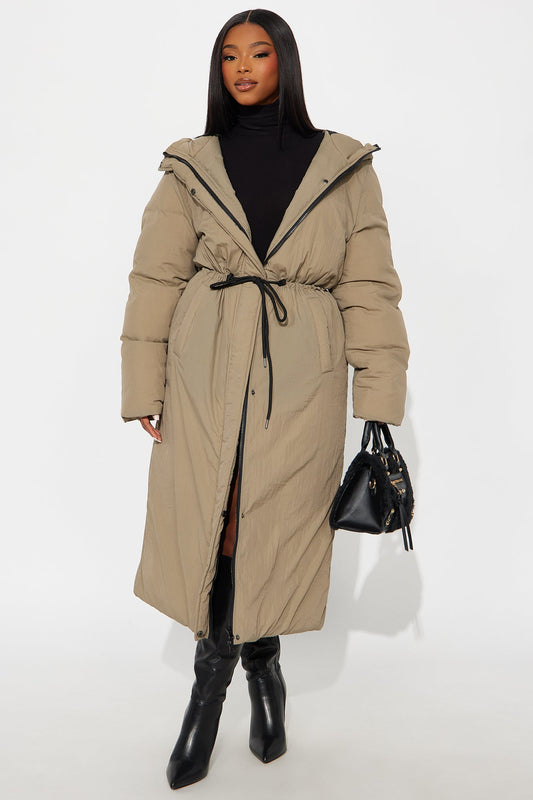 Warm Touch Long Nylon Coat - Khaki