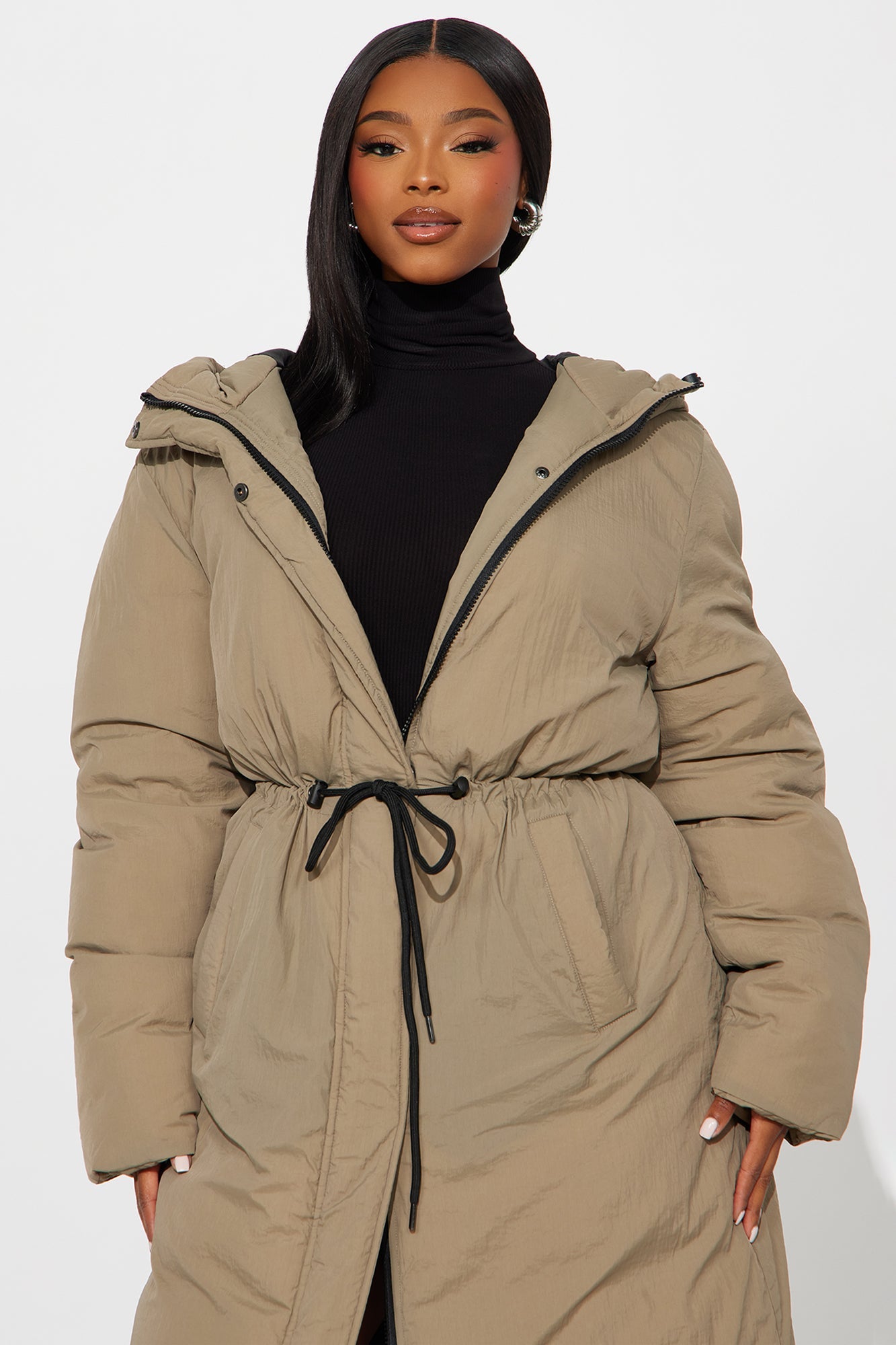 Warm Touch Long Nylon Coat - Khaki