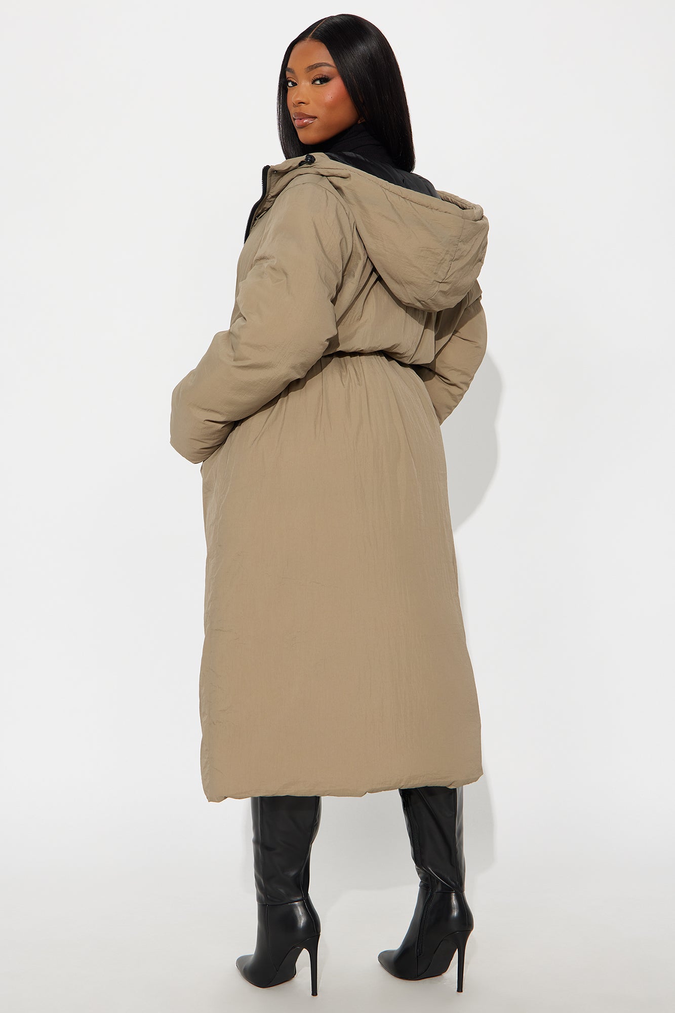 Warm Touch Long Nylon Coat - Khaki