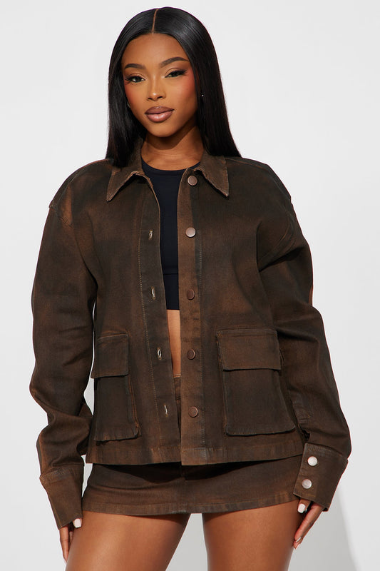 Taking Control Oversized Trucker Jacket - Chocolate