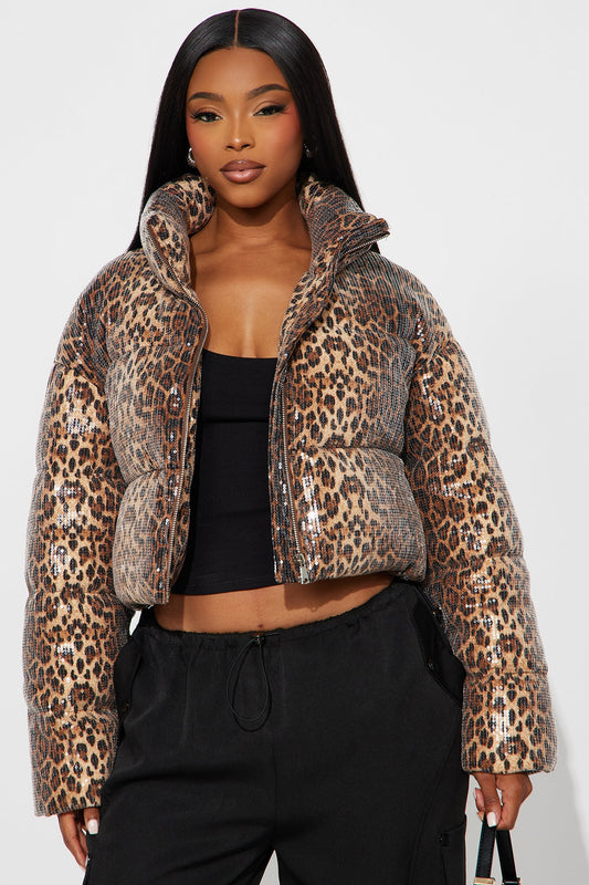 Feeling Fierce Leopard Sequin Puffer Jacket - Leopard