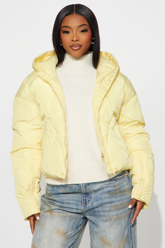 Biggest Fan Cropped Puffer Jacket - Butter Yellow
