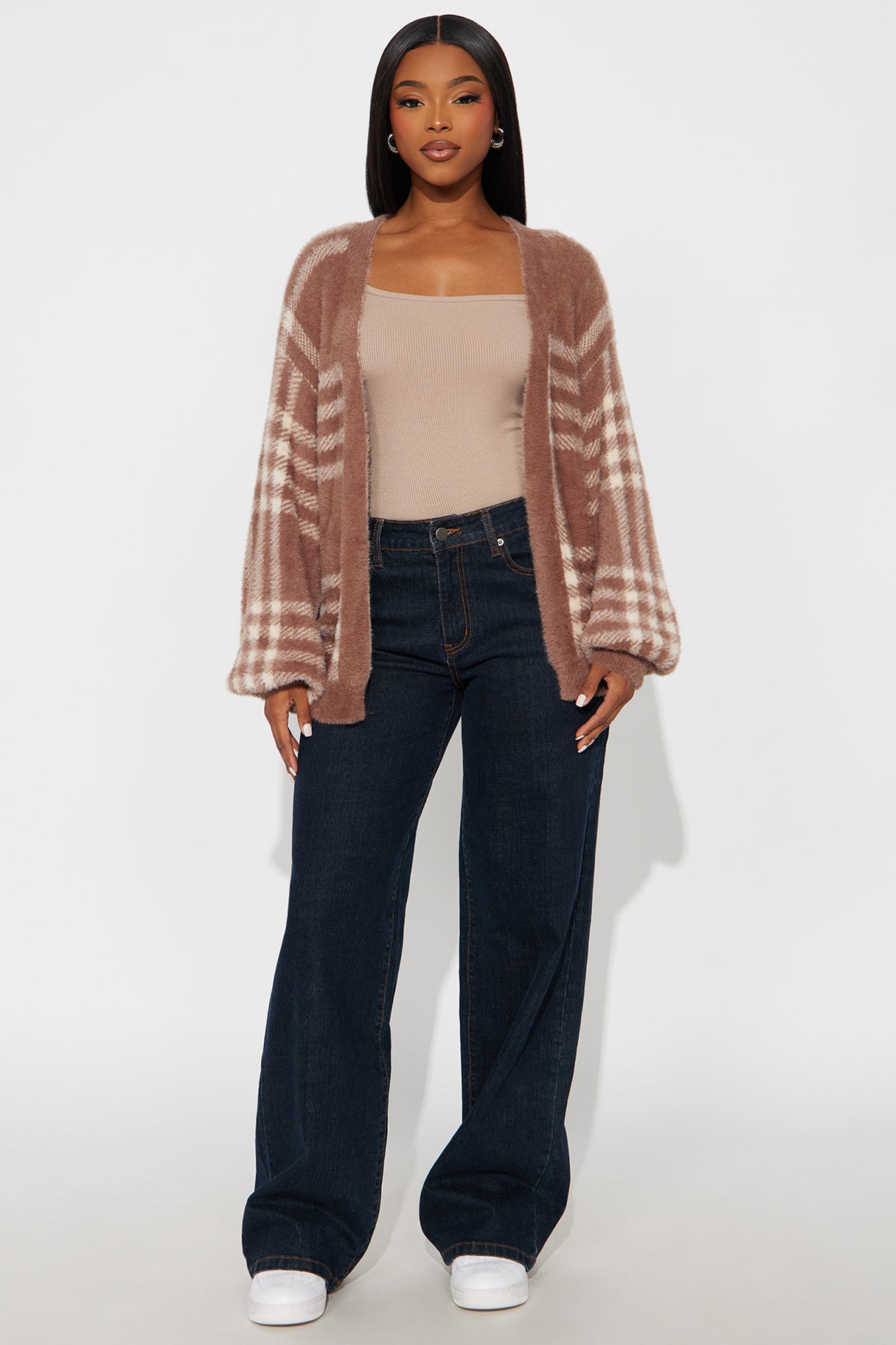 Feels Like Fuzzy Plaid Cardigan - Taupe/combo