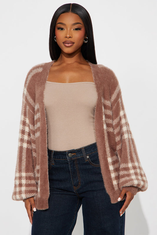Feels Like Fuzzy Plaid Cardigan - Taupe/combo