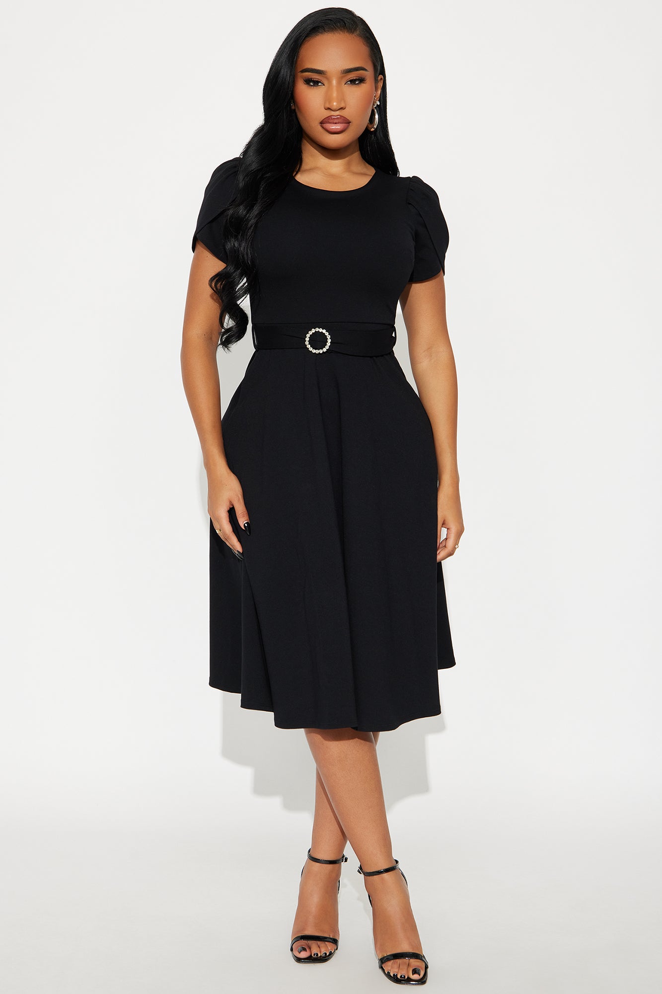 Emmalyn Belted Ponte Midi Dress - Black