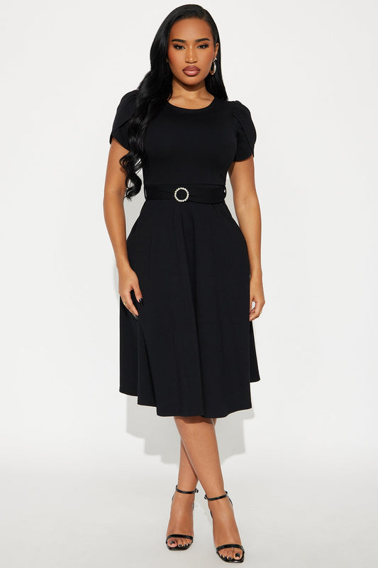 Emmalyn Belted Ponte Midi Dress - Black