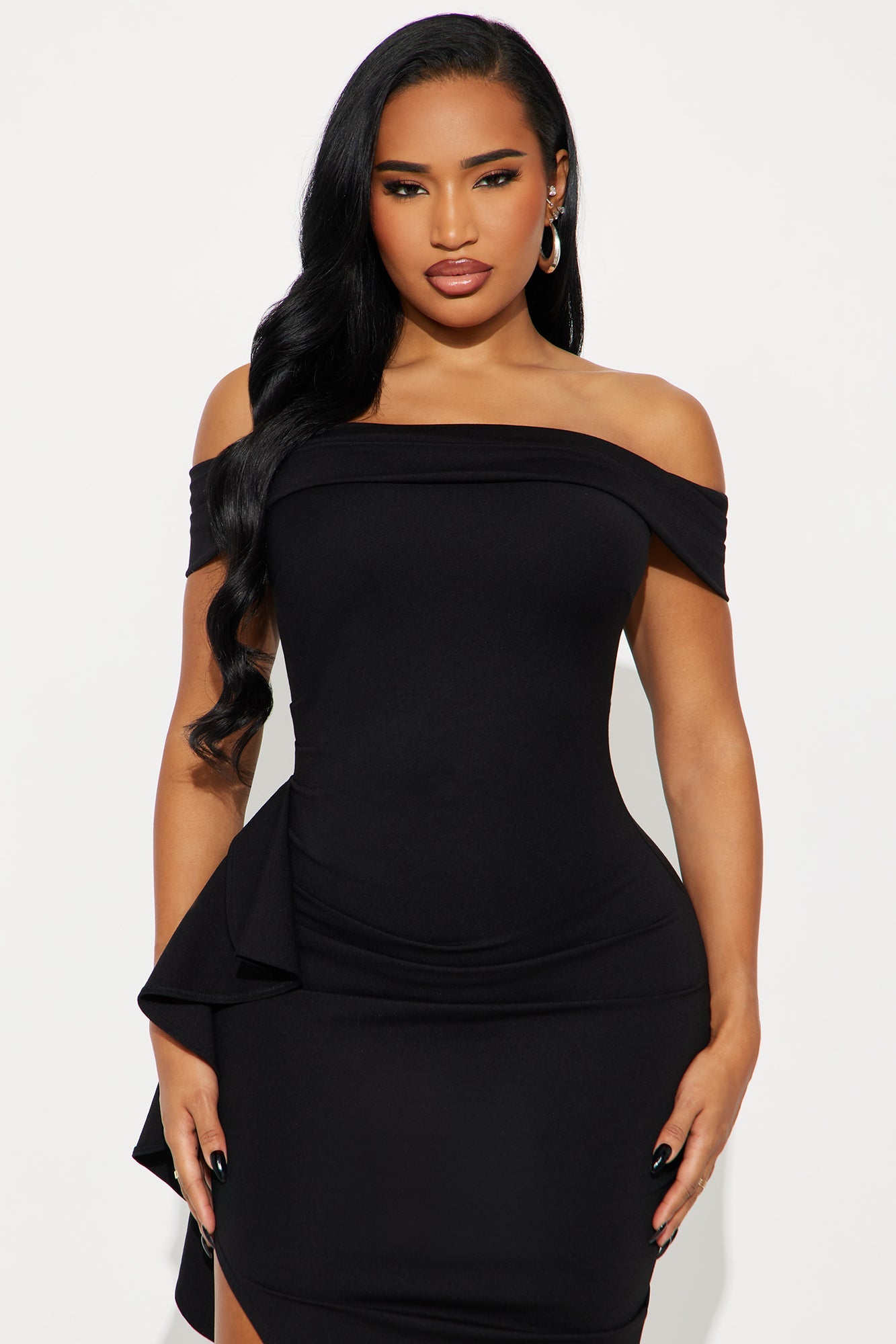 Jeanne Off Shoulder Ponte Midi Dress - Black