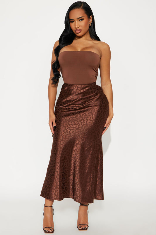 Cleo Leopard Satin Maxi Skirt - Chocolate