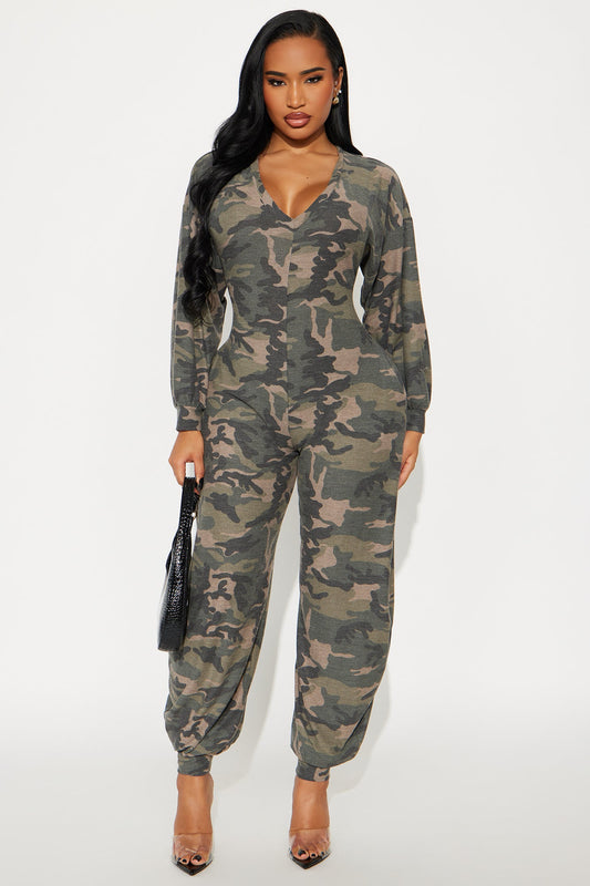 Let's Chill Camo Barrel Wide Leg Jumpsuit - Olive/combo