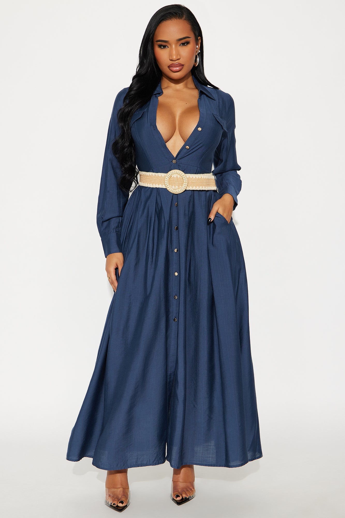 Laurel Linen Long Sleeve Maxi Shirt Dress - Navy