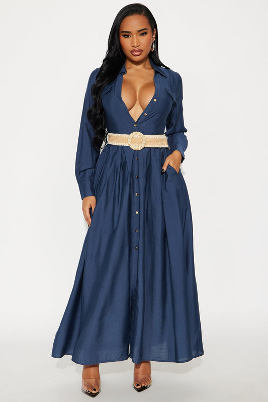 Laurel Linen Long Sleeve Maxi Shirt Dress - Navy