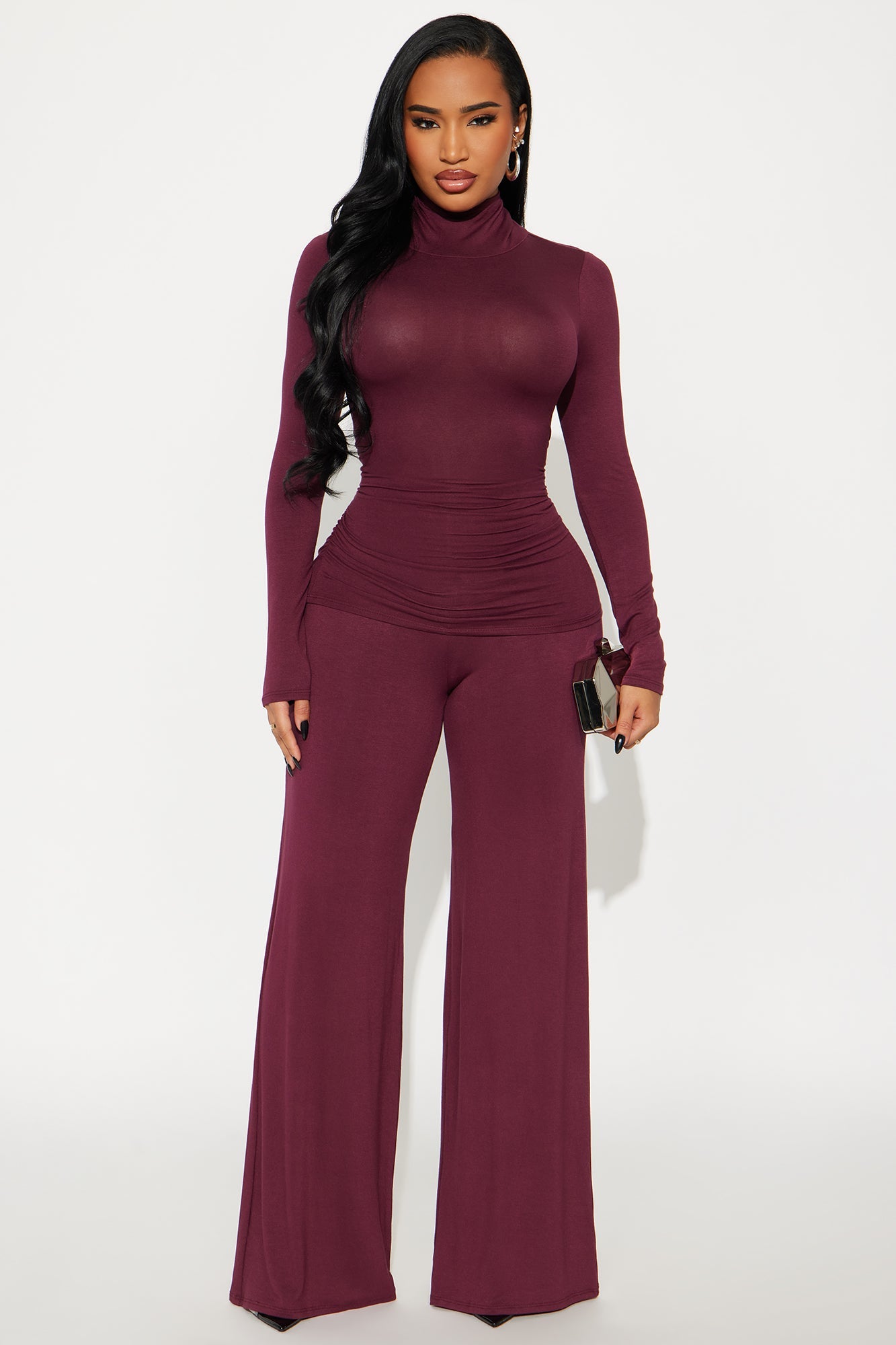 Keep It Simple High Neck Pant Set - Wine