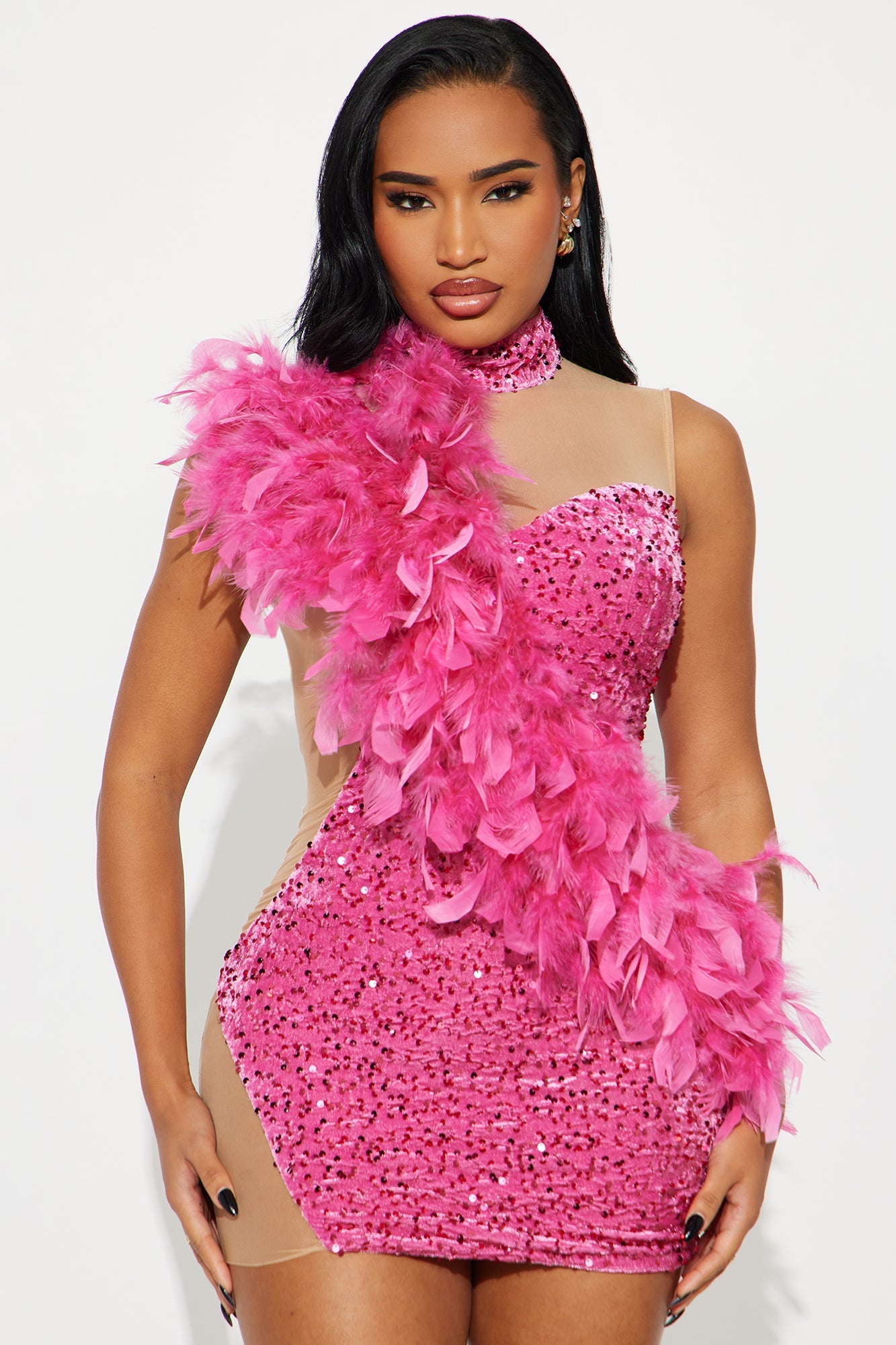 Party Time Feather Sequin Velvet Mini Dress - Pink