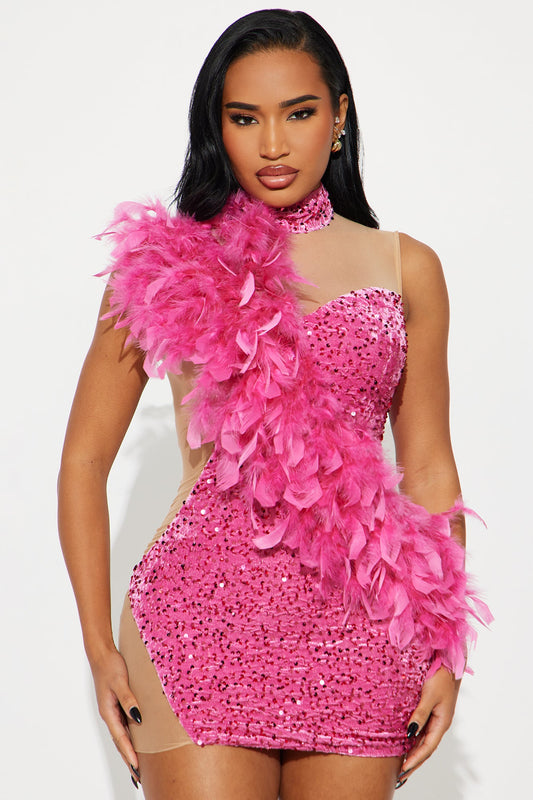 Party Time Feather Sequin Velvet Mini Dress - Pink