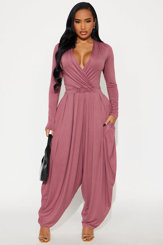 Raelynn Balloon Leg Long Sleeve Jumpsuit - Mauve