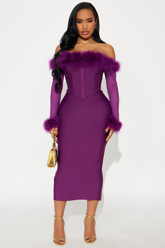 Fur Real Corset Waist Bandage Midi Dress - Plum