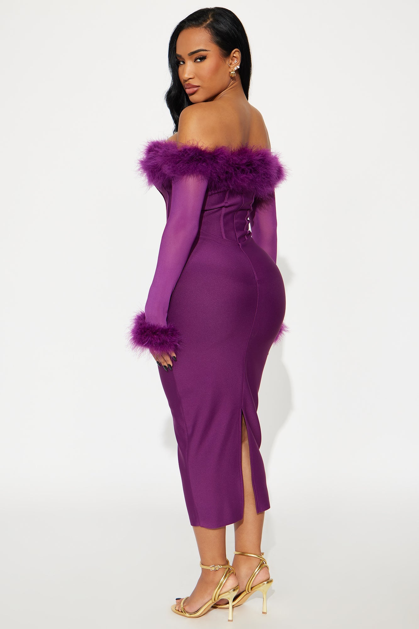 Fur Real Corset Waist Bandage Midi Dress - Plum