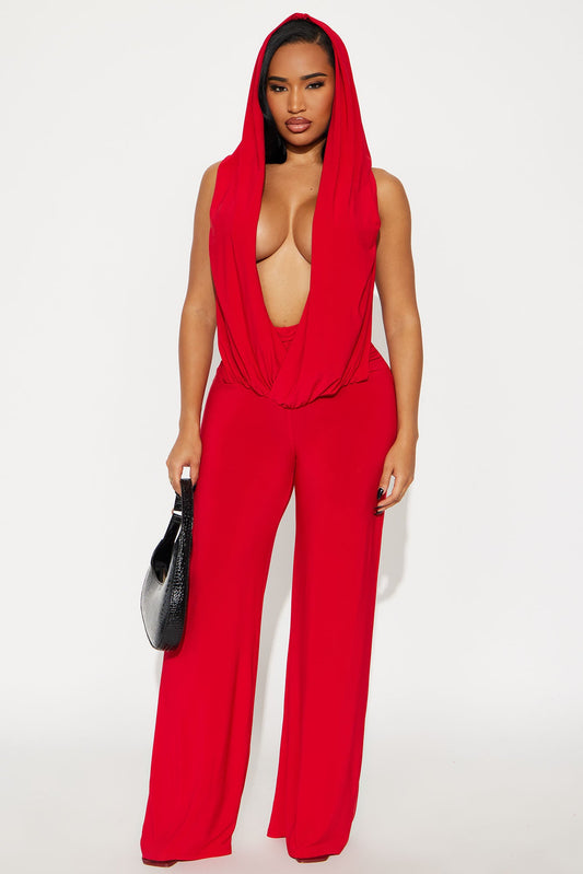 Mila Hooded Cowl Jumpsuit - Red