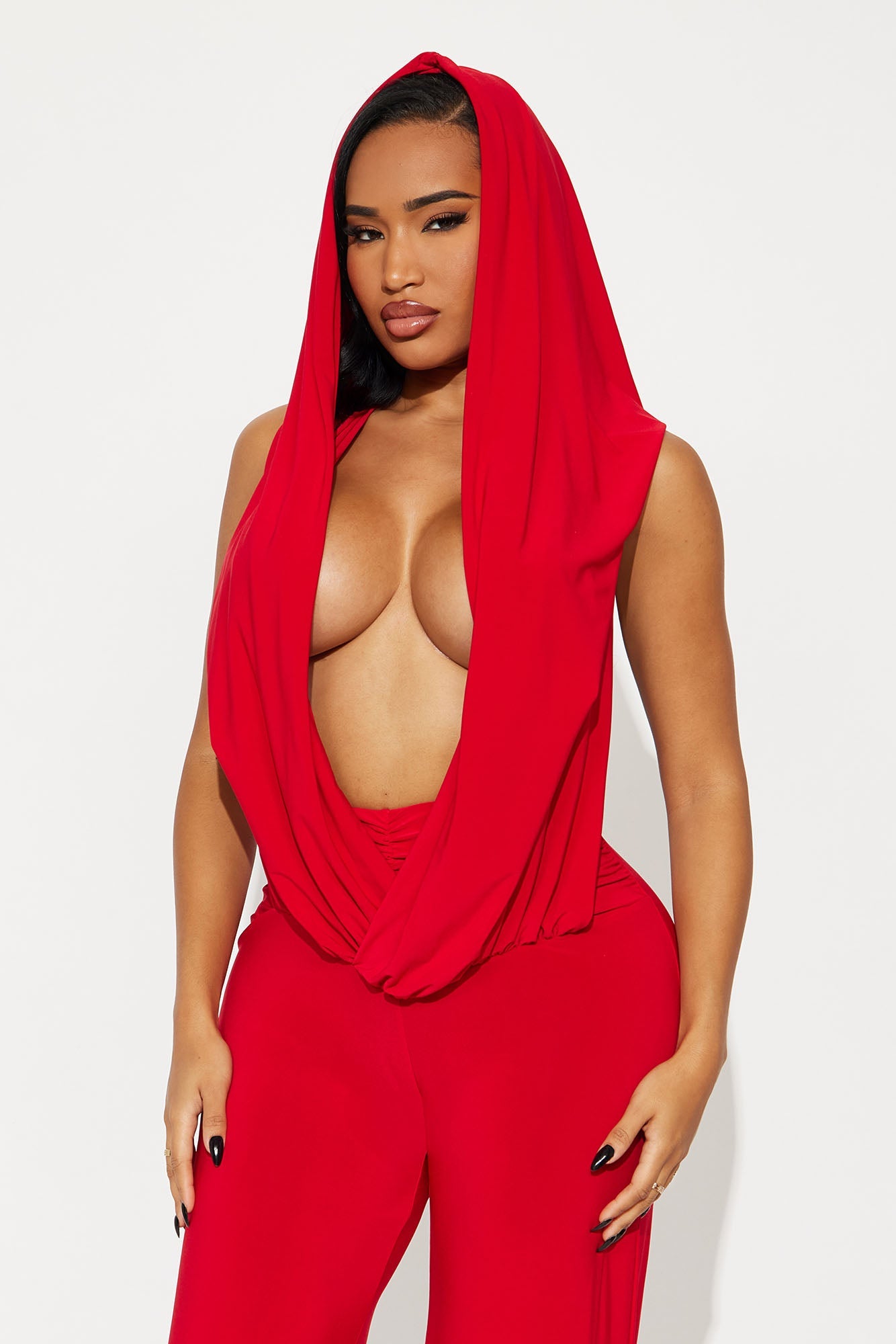 Mila Hooded Cowl Jumpsuit - Red
