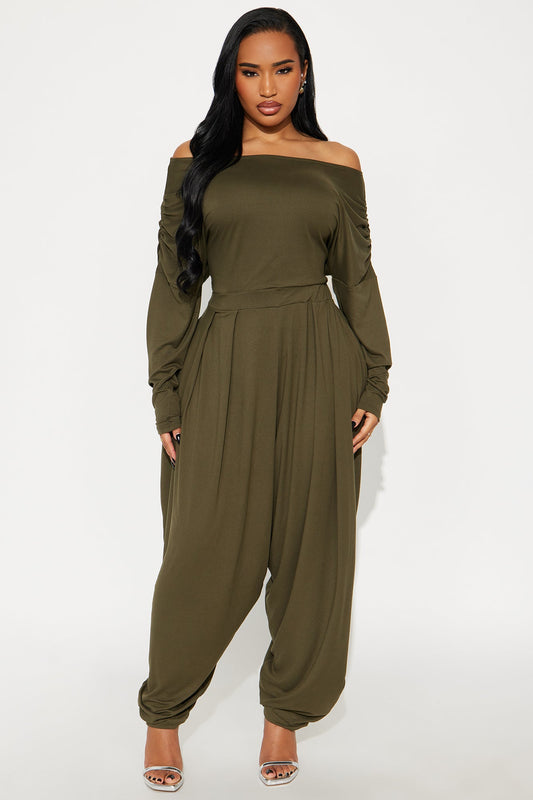 Jessie Balloon Leg Off Shoulder Jumpsuit - Olive