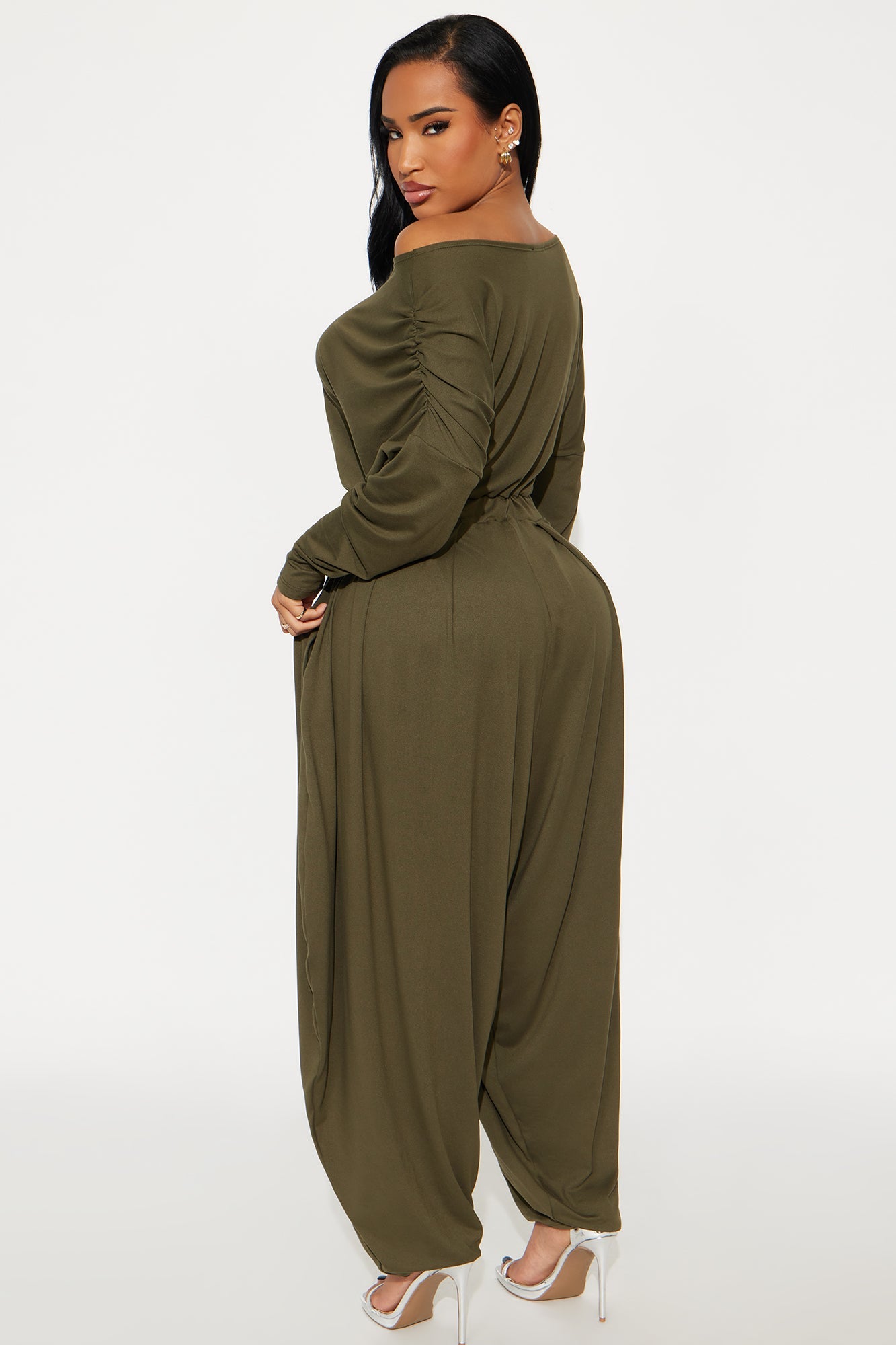 Jessie Balloon Leg Off Shoulder Jumpsuit - Olive