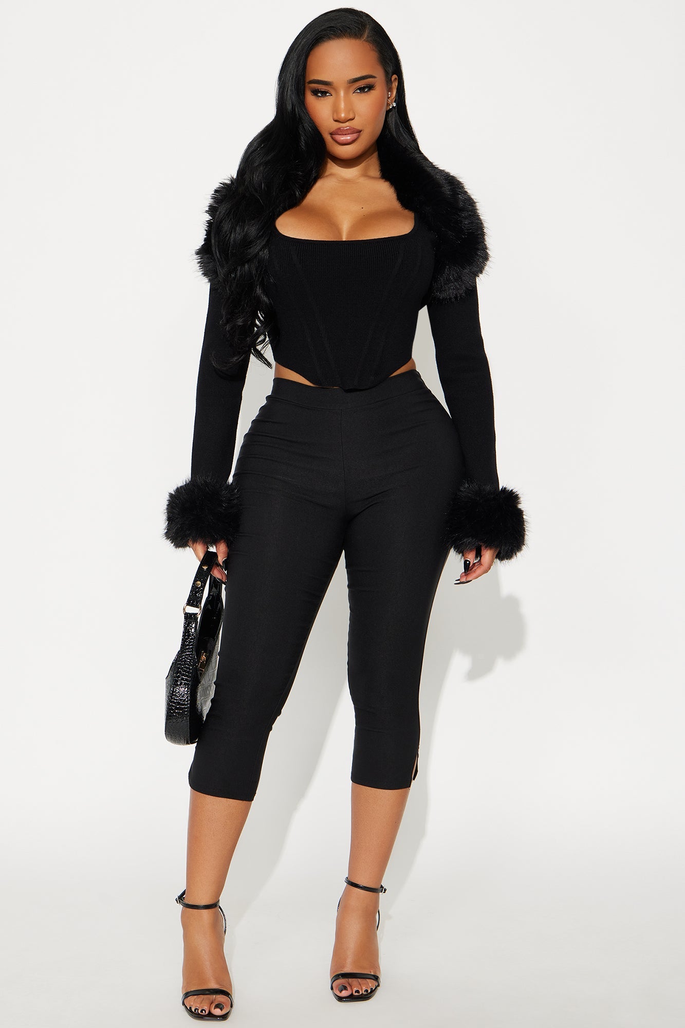 Sara Faux Fur 2 Piece Sweater Top - Black