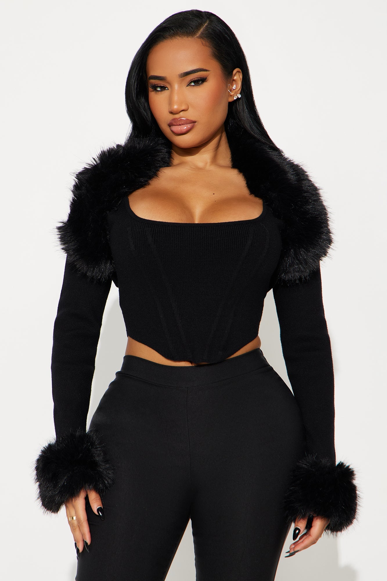 Sara Faux Fur 2 Piece Sweater Top - Black