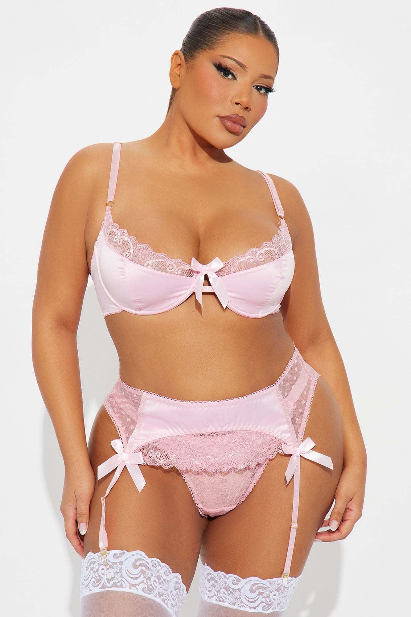 Mikayla 3 Piece Satin Bra And Panty Garter Set - Pink