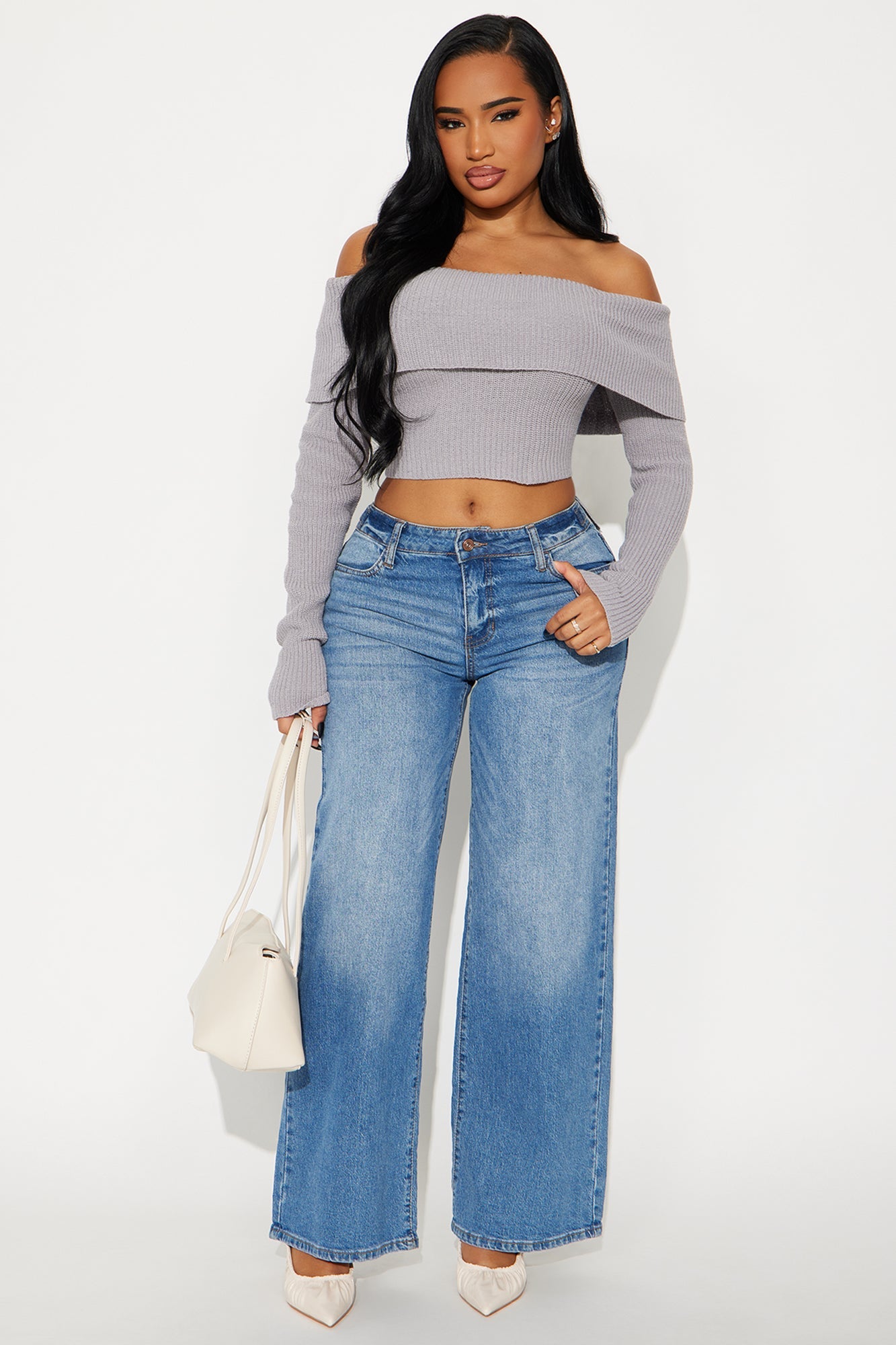 City Chic Off Shoulder Sweater - Grey