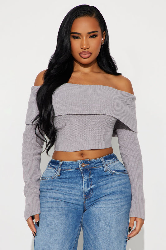 City Chic Off Shoulder Sweater - Grey