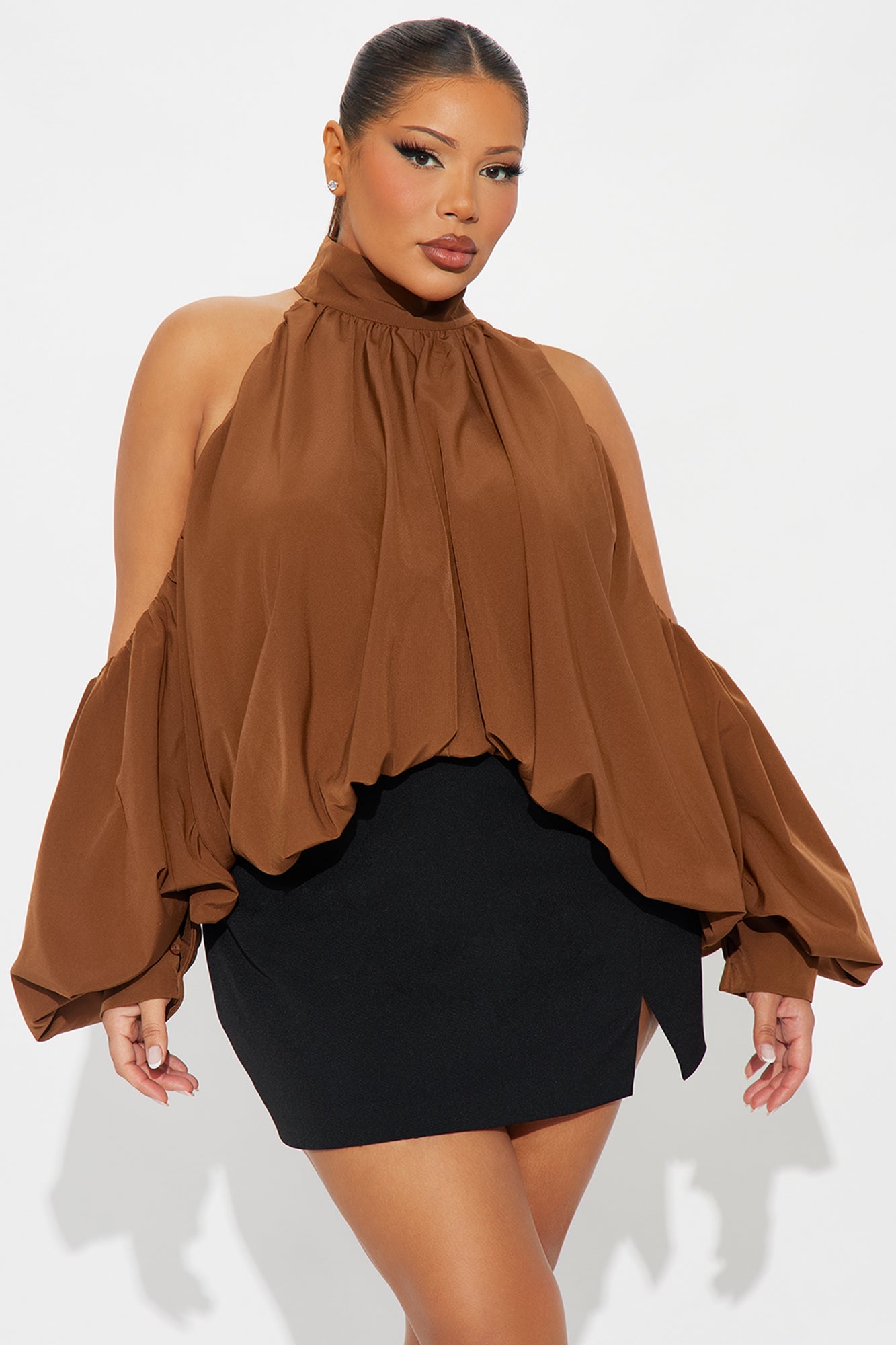 Inner Goddess Draped Lantern Top - Brown