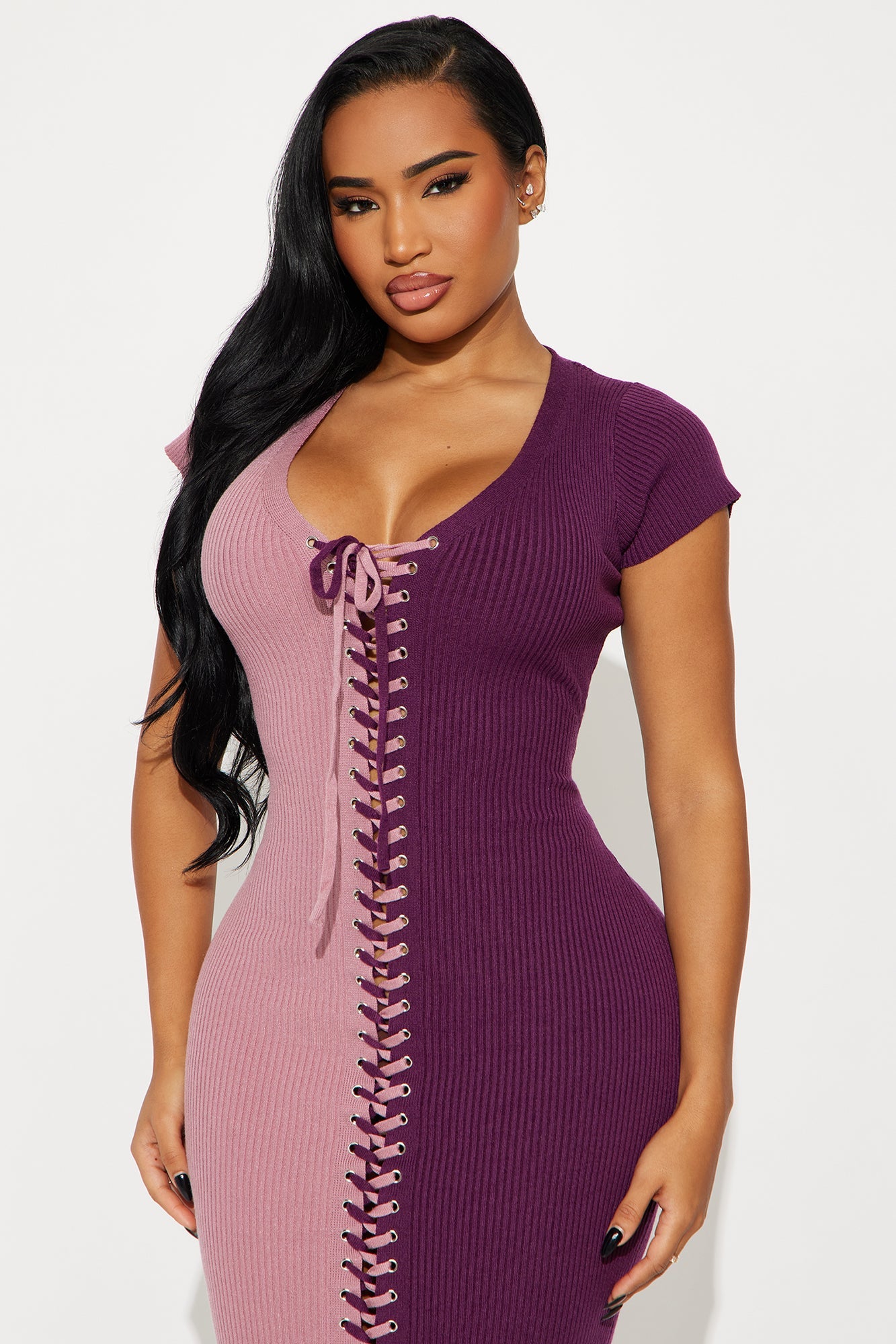 Tied Together Colorblock Sweater Midi Dress - Plum