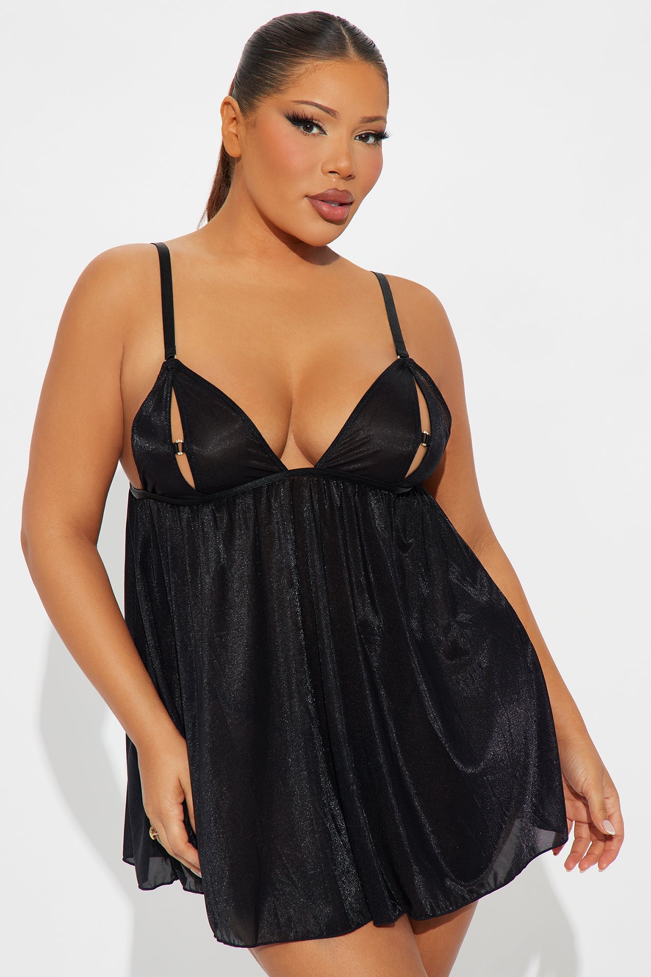 Live A Little Mesh Shimmer Babydoll - Black