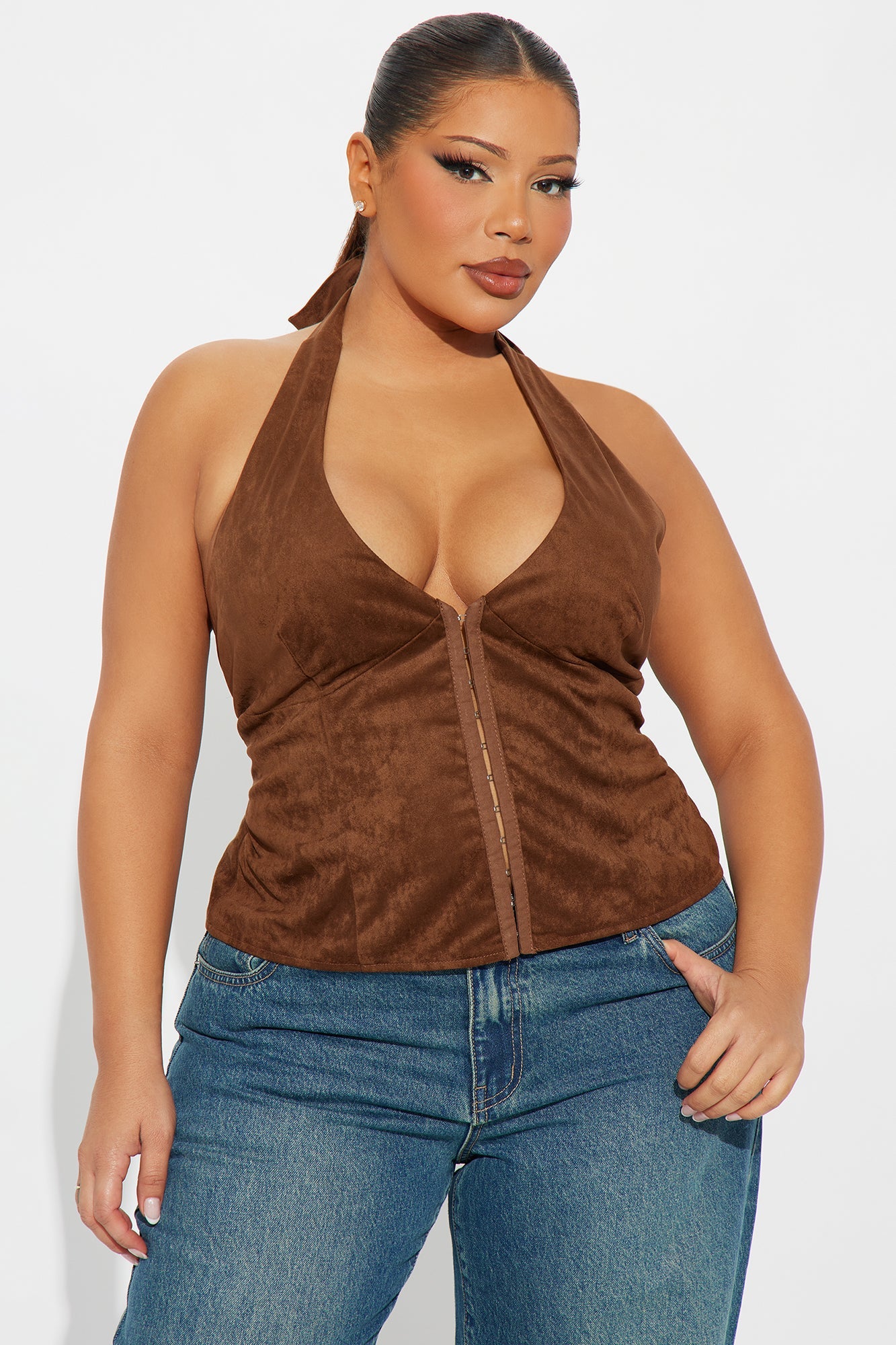 Howdy Partner Faux Suede Halter Top - Chocolate