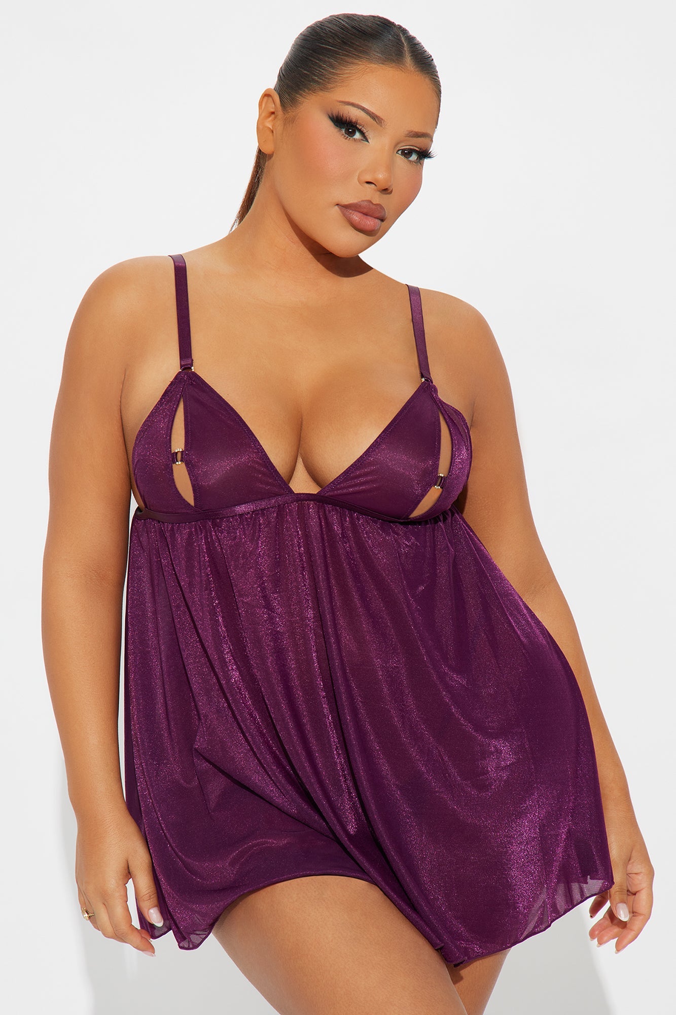 Live A Little Mesh Shimmer Babydoll - Plum