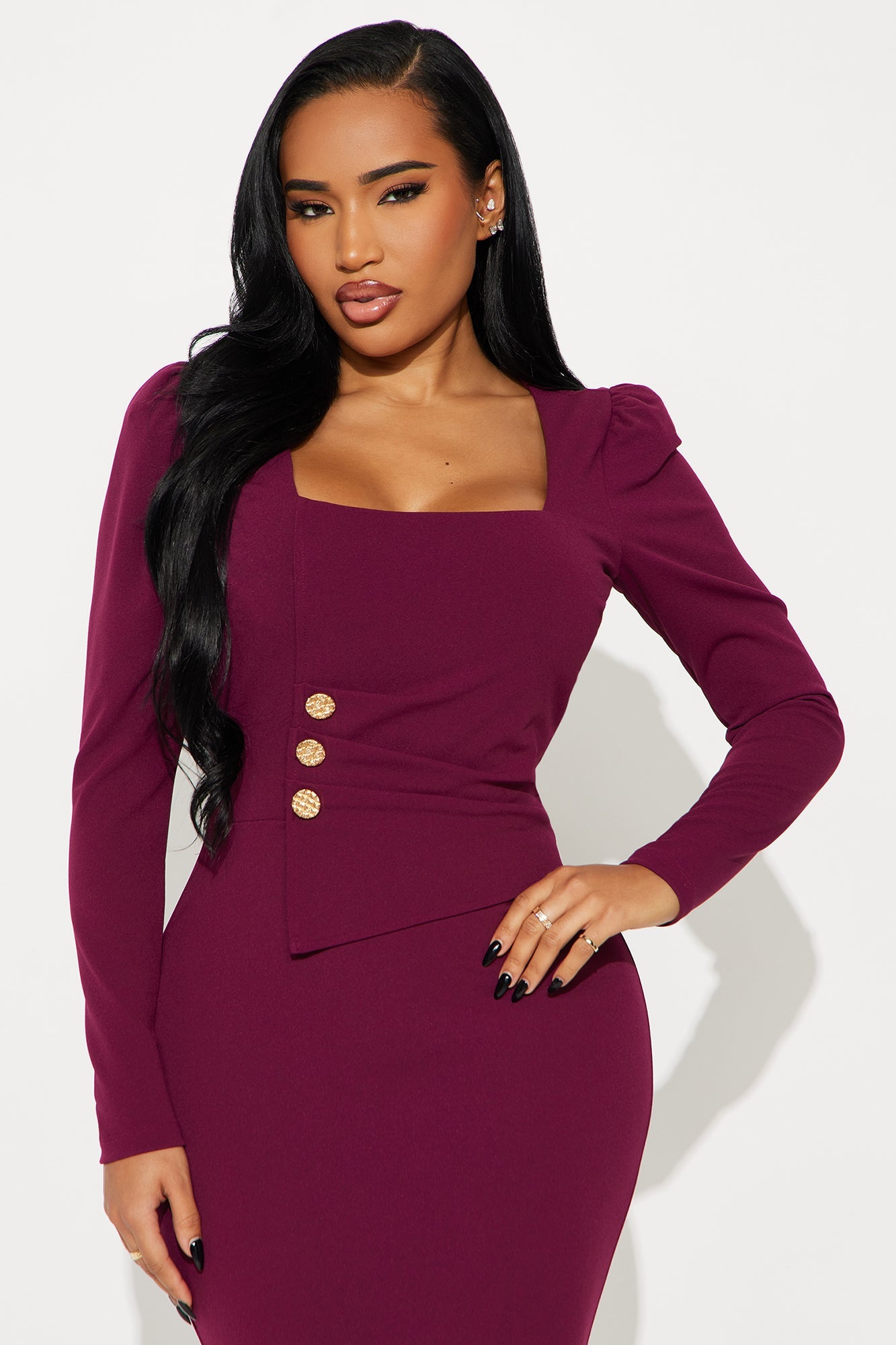 Presley Long Sleeve Midi Dress - Wine