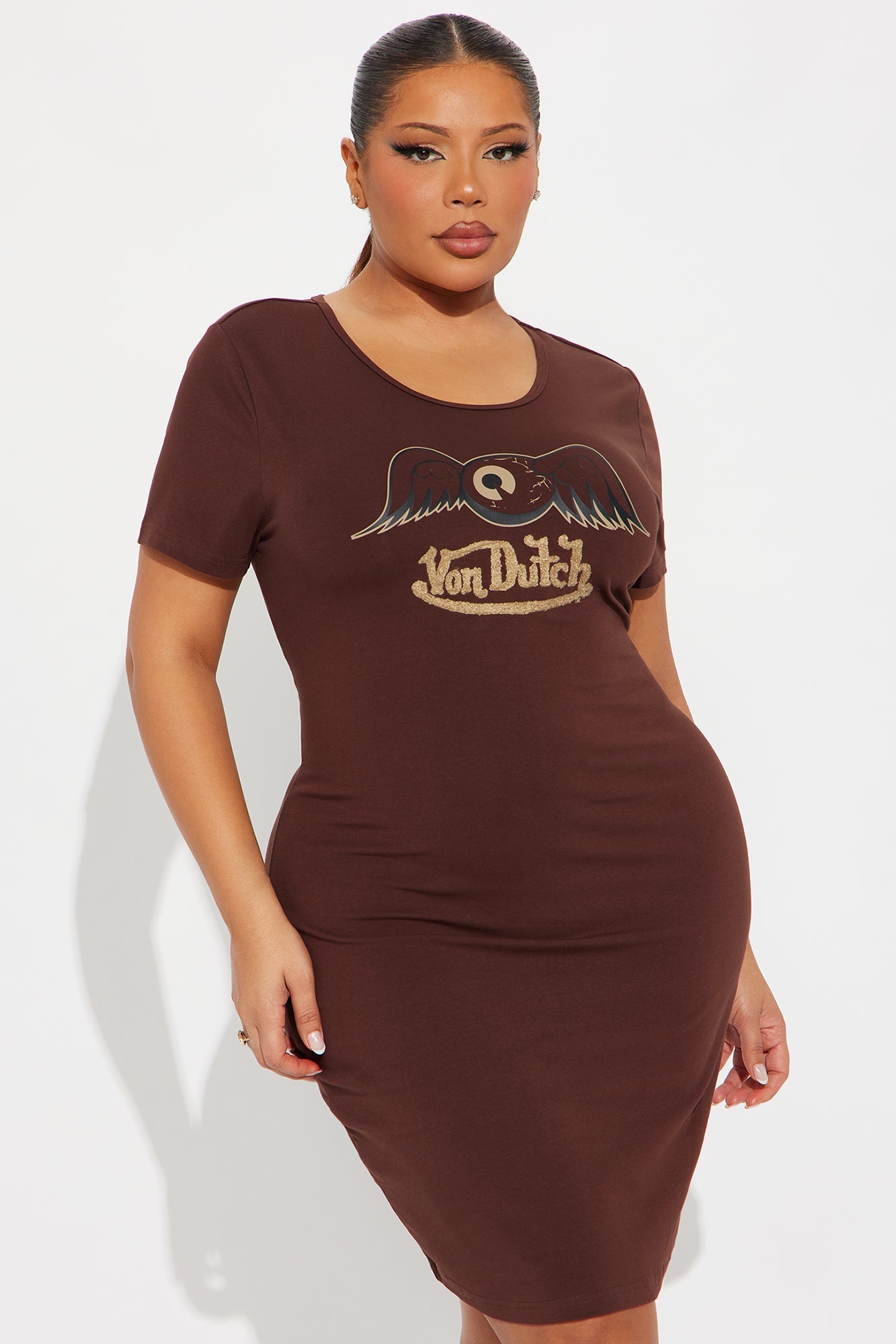 Von Dutch Wings T Shirt Mini Dress - Brown
