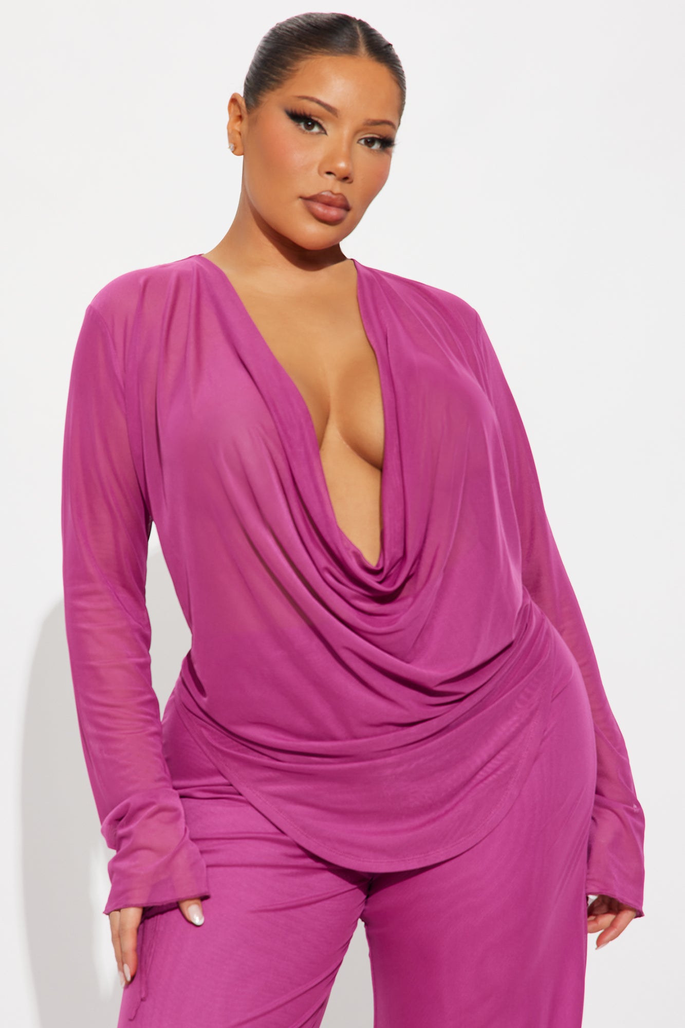 Silent Muse Cowl Neck Mesh Pant Set - Magenta