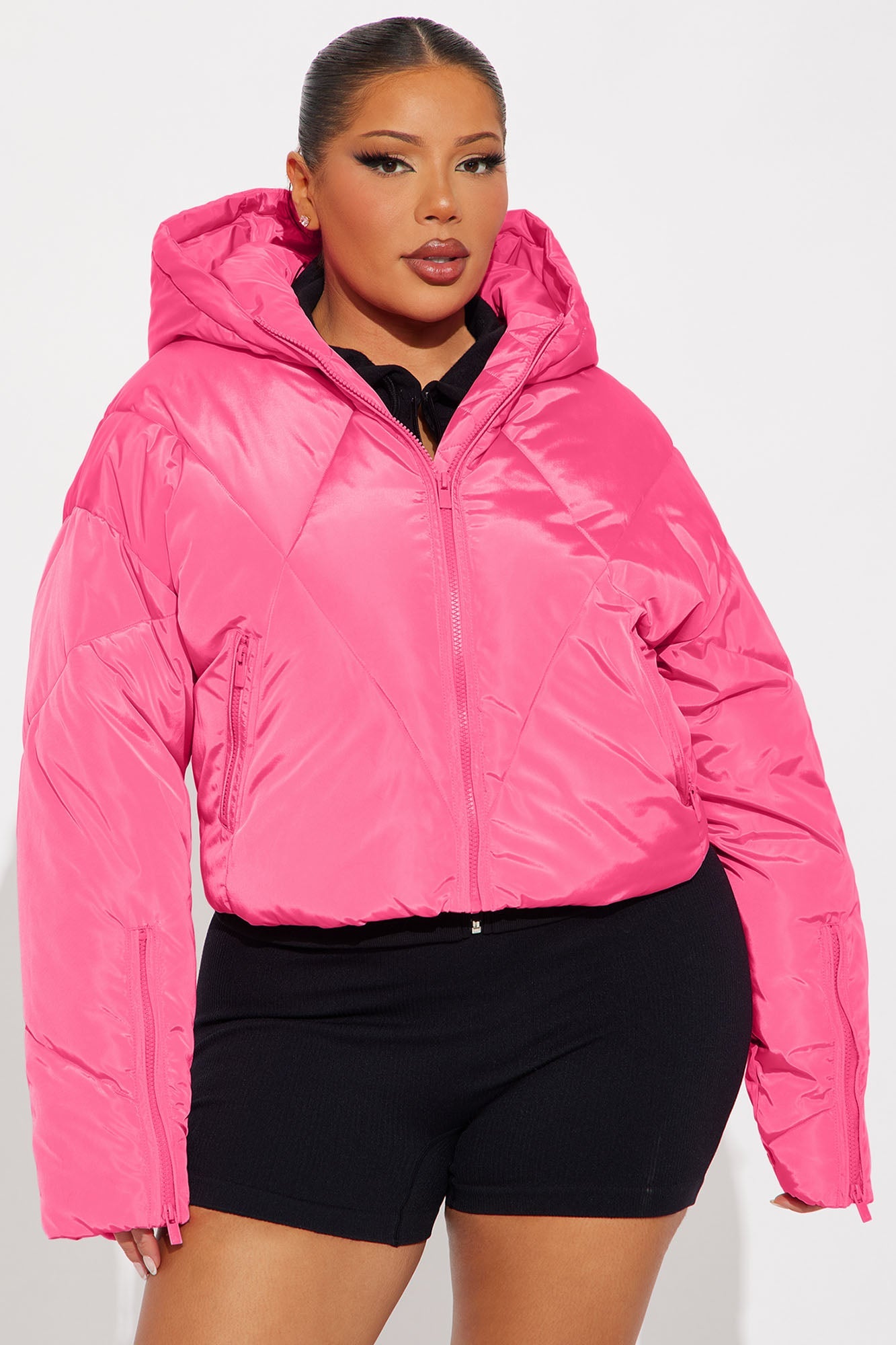 Biggest Fan Cropped Puffer Jacket - Hot Pink