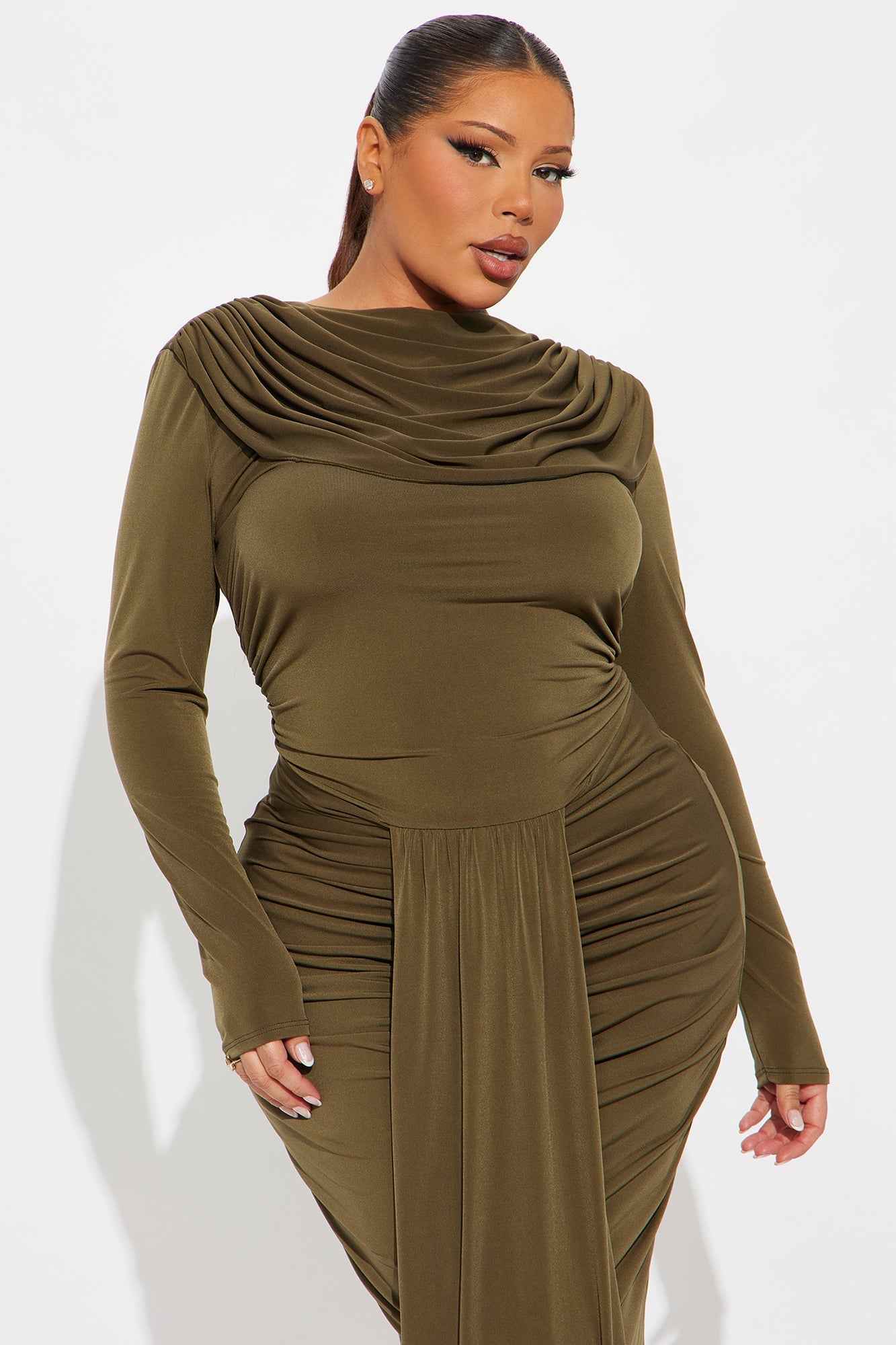 Throwing A Fit Draped Midi Dress - Olive