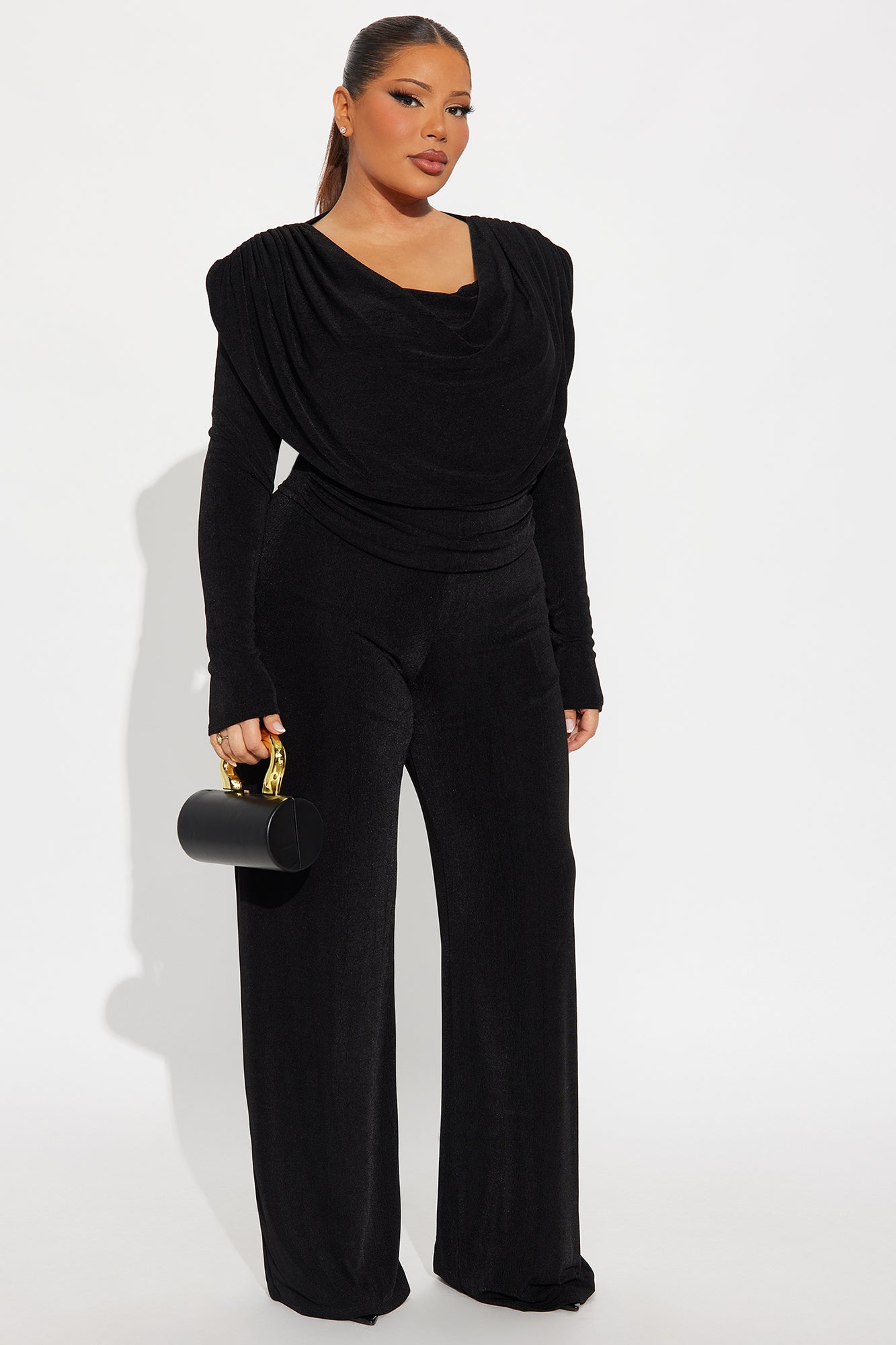 Bianca Bold Shoulder Cowl Neck Pant Set - Black