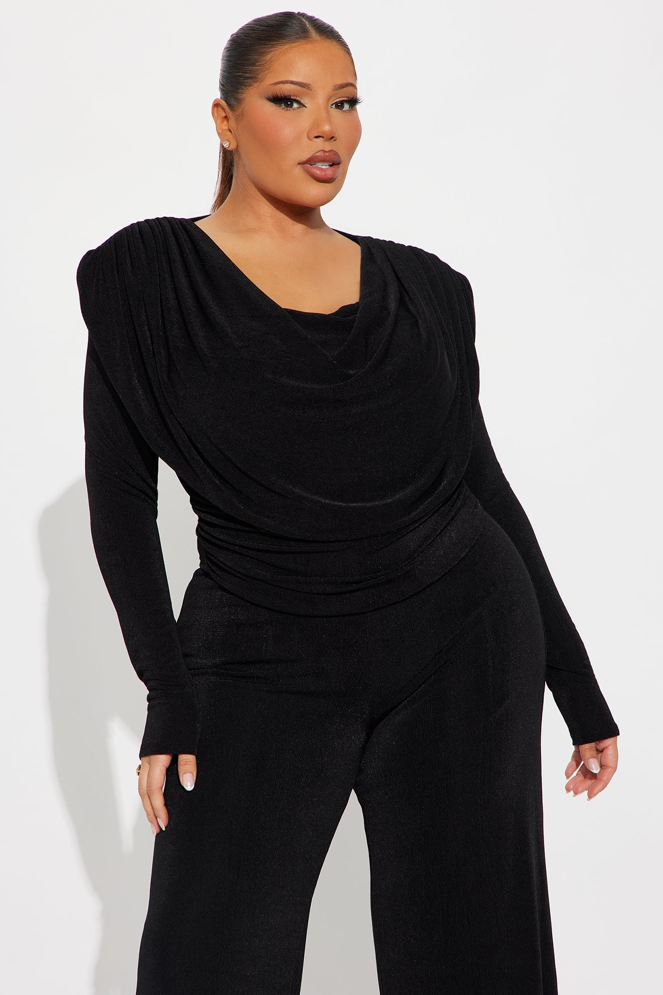 Bianca Bold Shoulder Cowl Neck Pant Set - Black