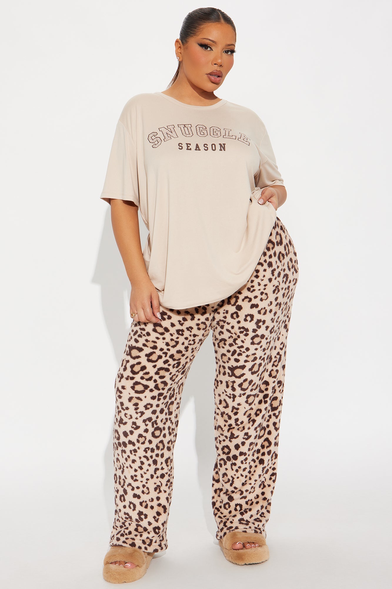 Snuggle Season Leopard Short Sleeve Plush PJ Pant Set - Tan