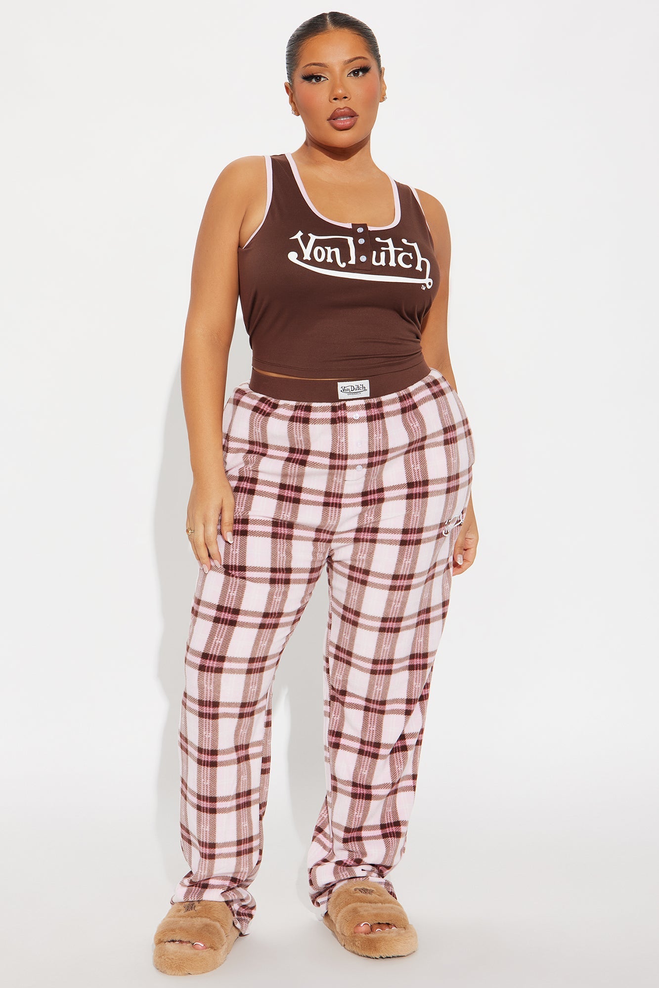Von Dutch Tank PJ Fleece Boxer Pant Set - Chocolate/Combo