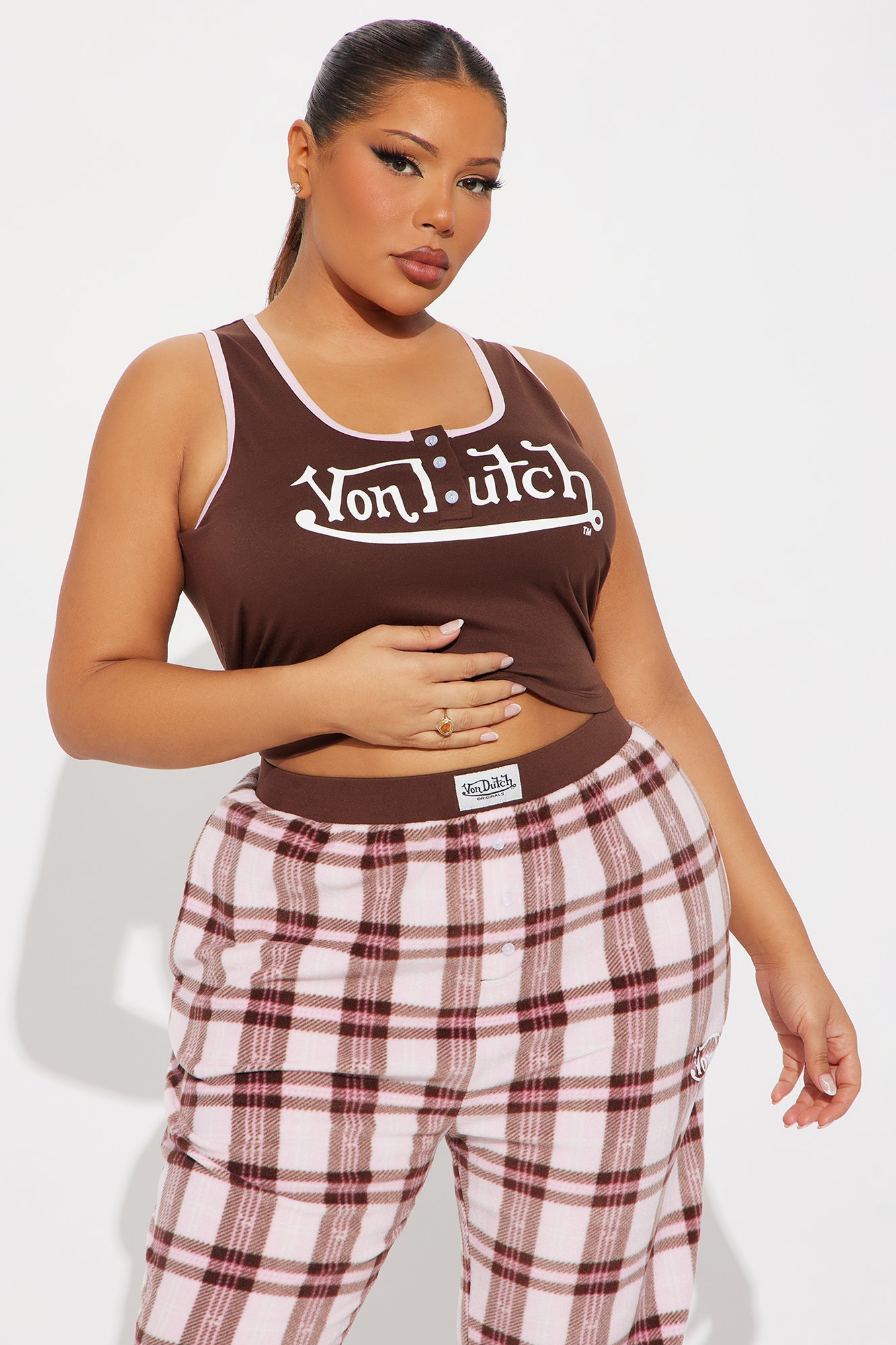 Von Dutch Tank PJ Fleece Boxer Pant Set - Chocolate/Combo