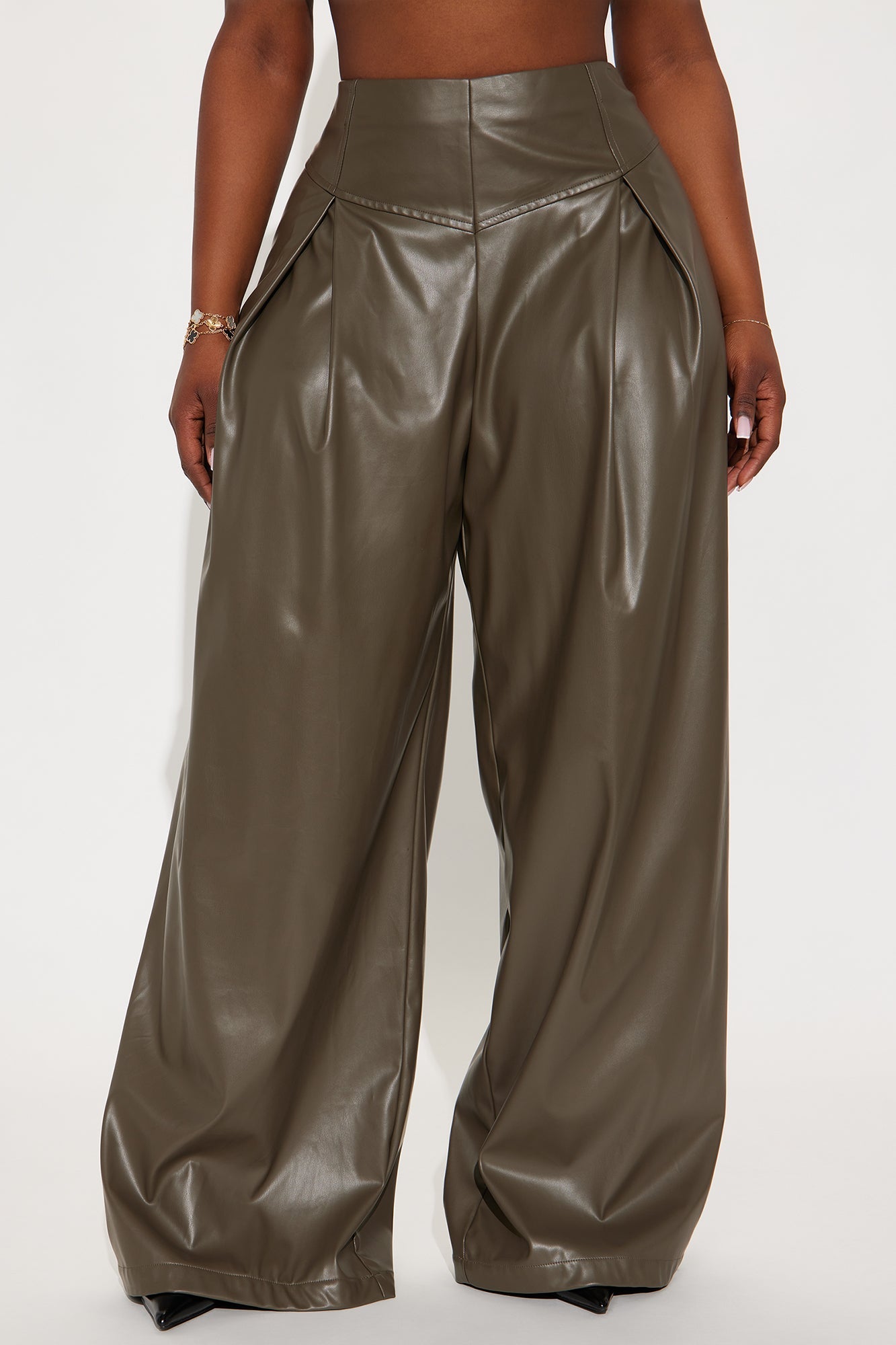 Mindful Thoughts Faux Leather Wide Leg Pant 33 - Olive