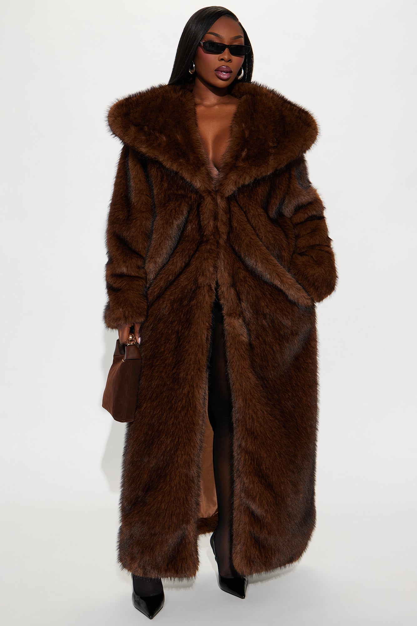 Bella Donna Two Tone Long Faux Fur Coat - Brown