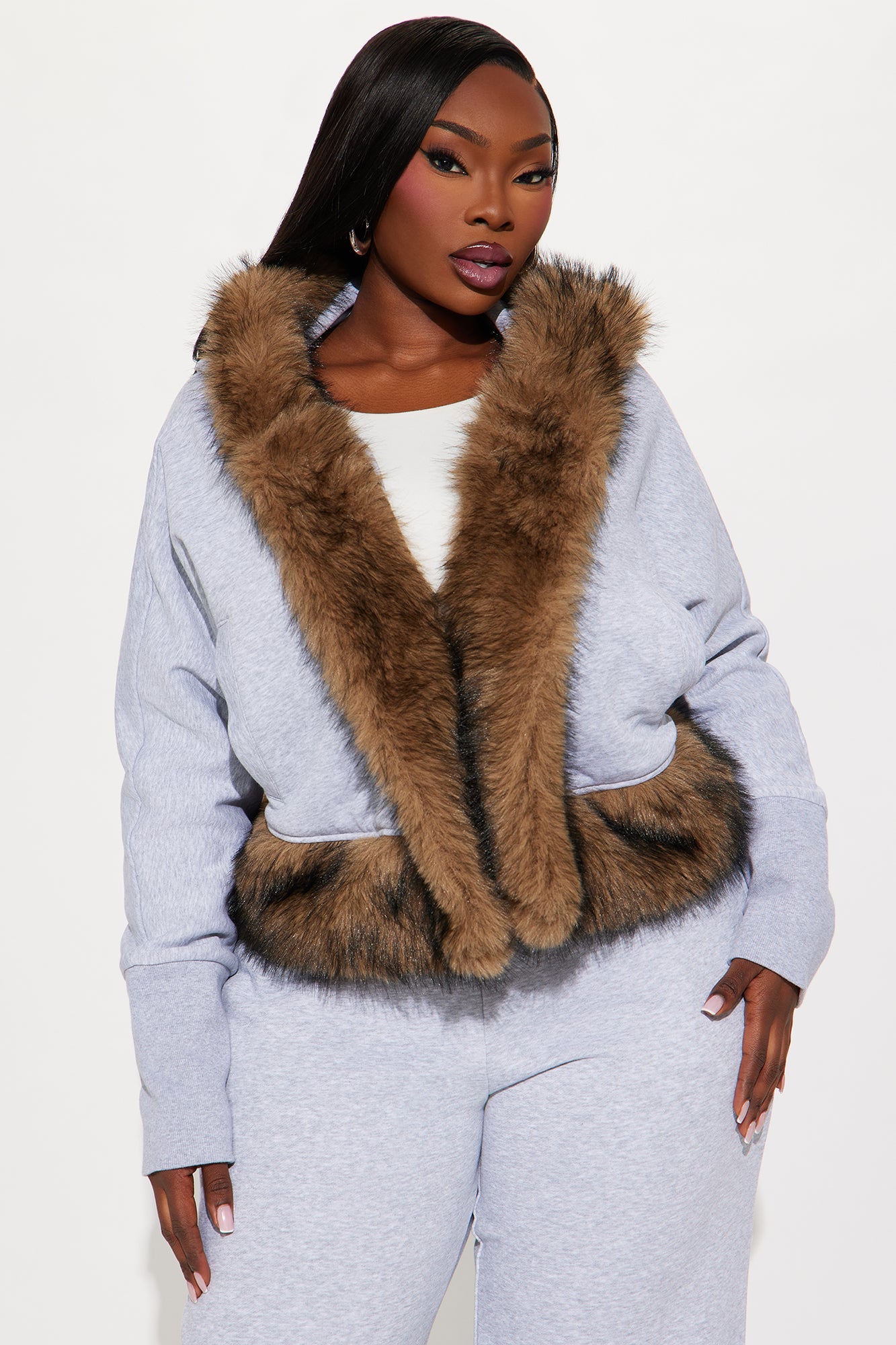 Farina Faux Fur Pant Set - Grey