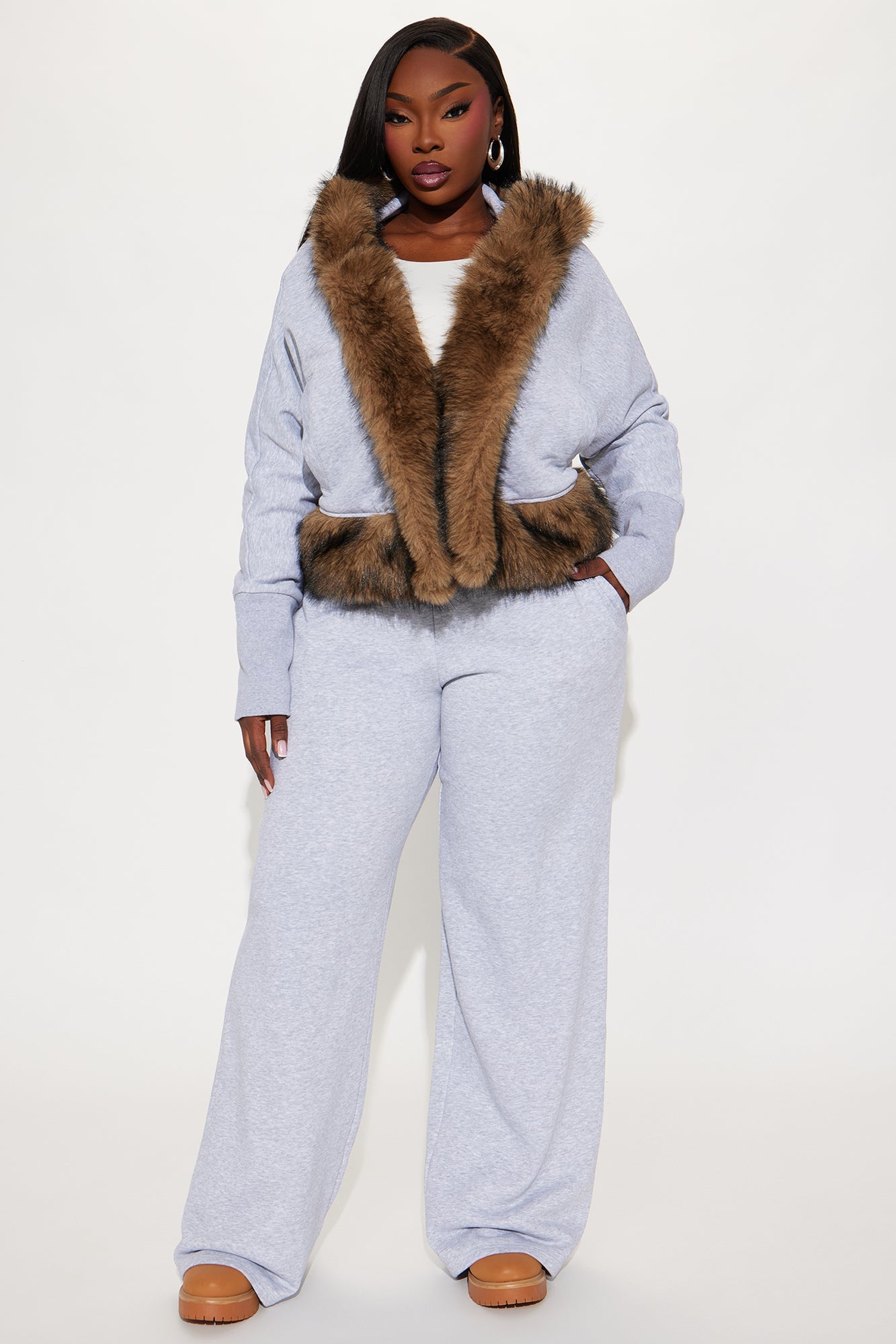 Farina Faux Fur Pant Set - Grey