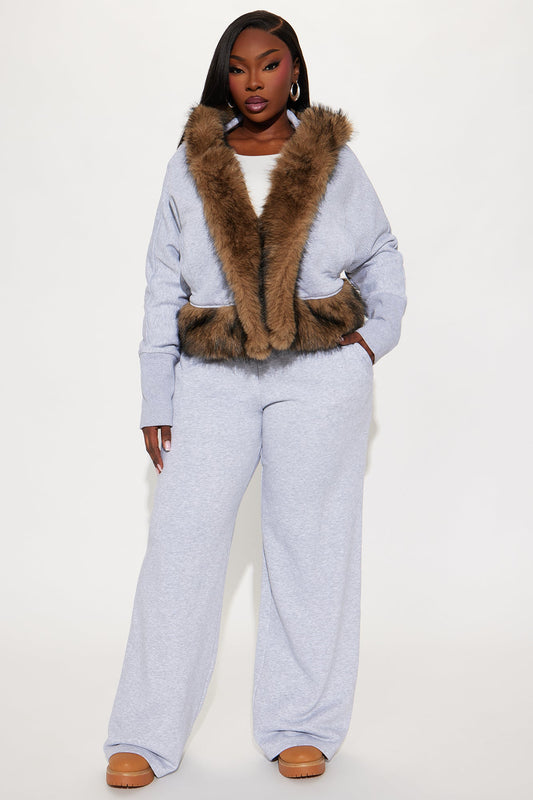 Farina Faux Fur Pant Set - Grey